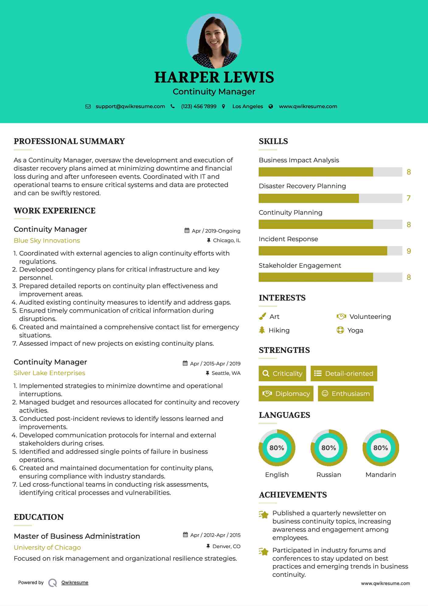 Continuity Manager Resume Model