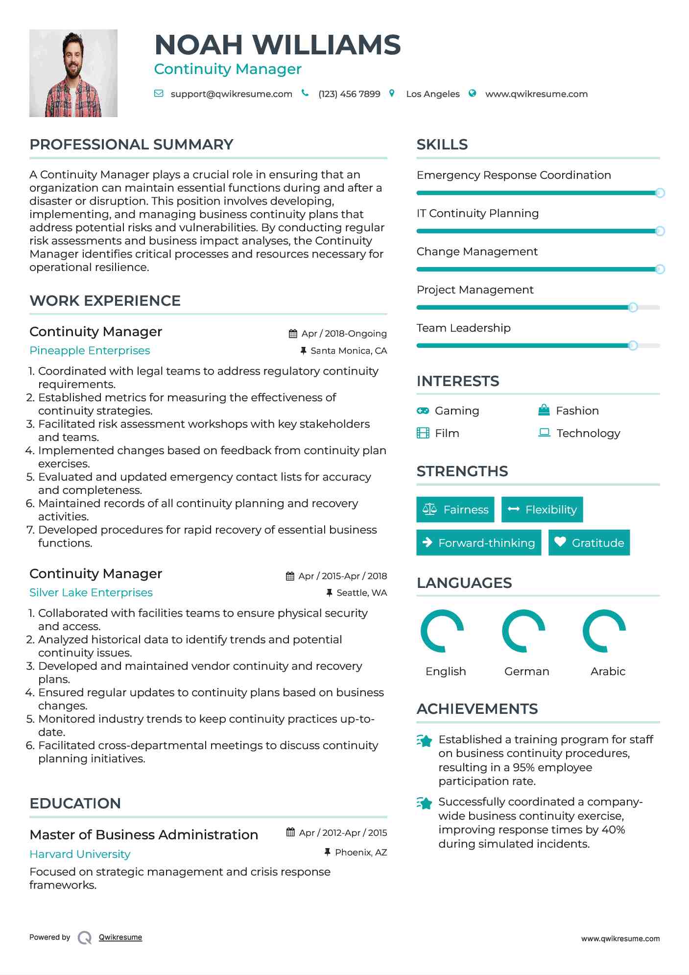 Continuity Manager Resume Sample