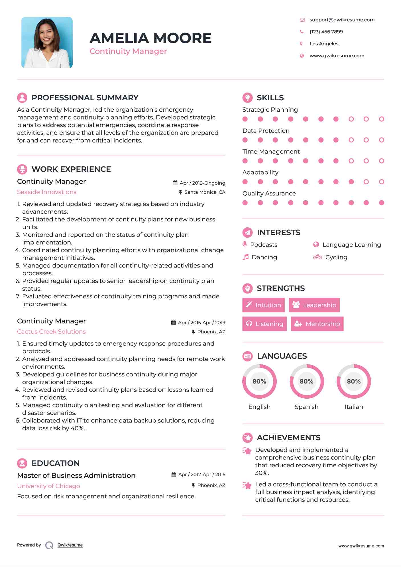 Continuity Manager Resume Format