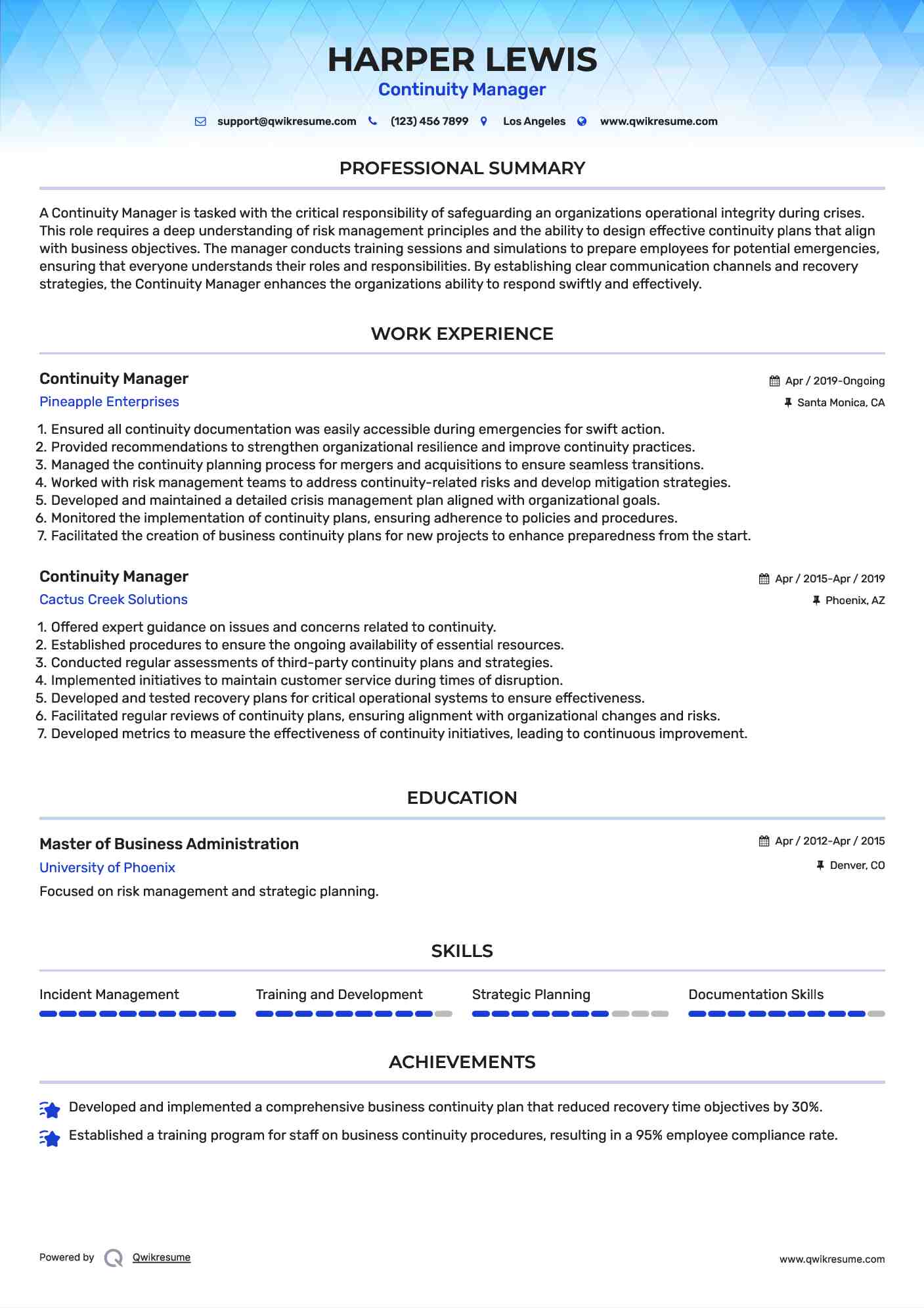 Continuity Manager Resume Format