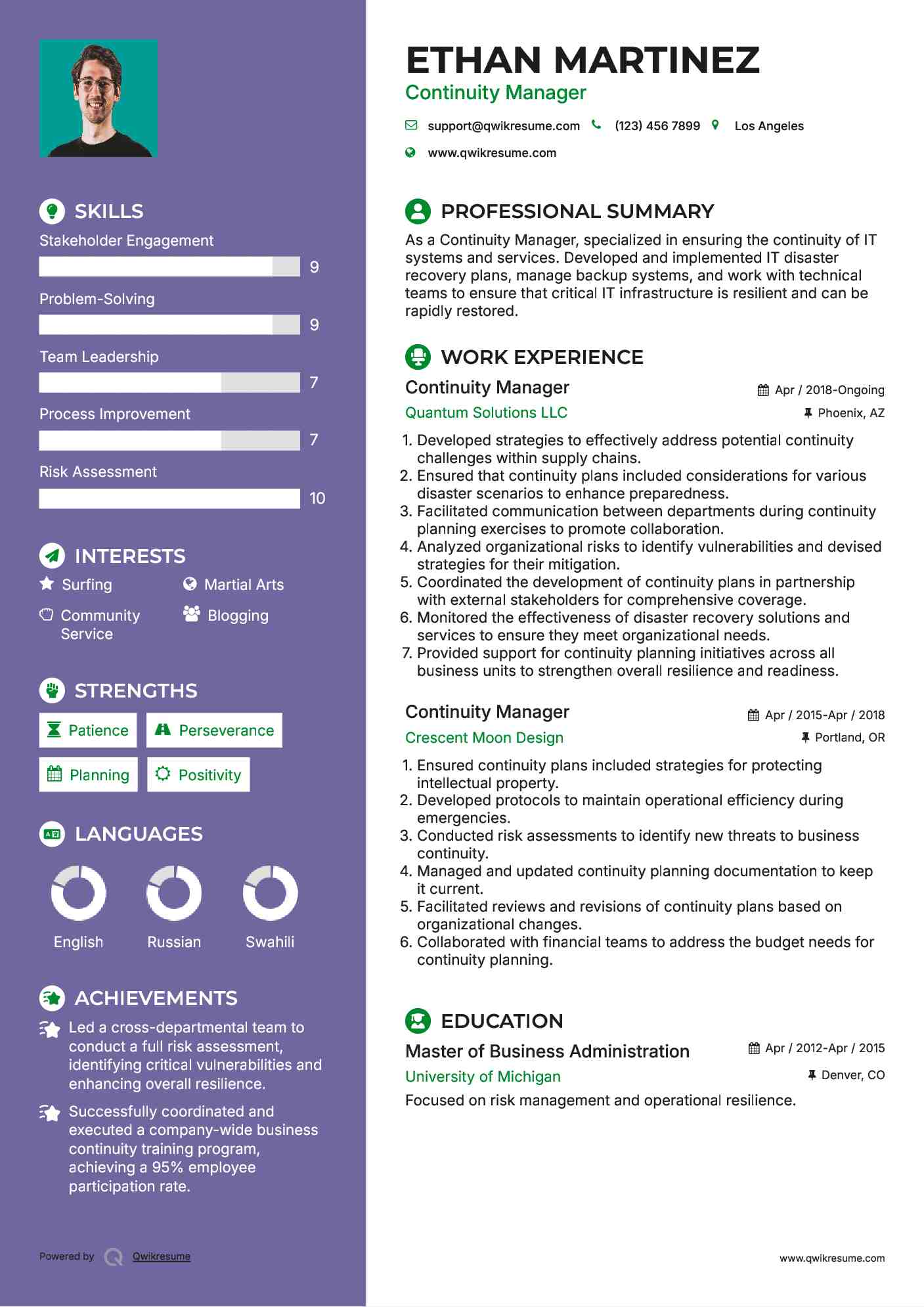 Continuity Manager Resume Example