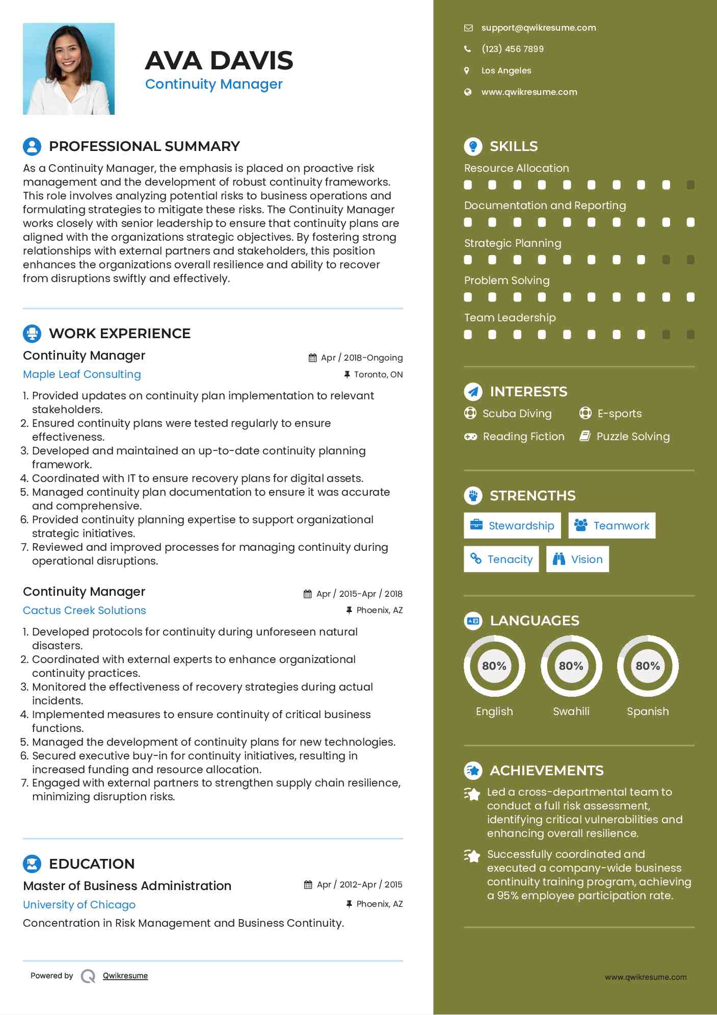 Continuity Manager Resume Model