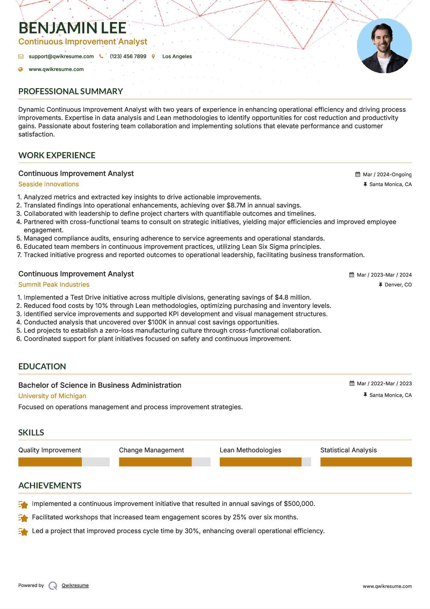 Continuous Improvement Analyst Resume Format