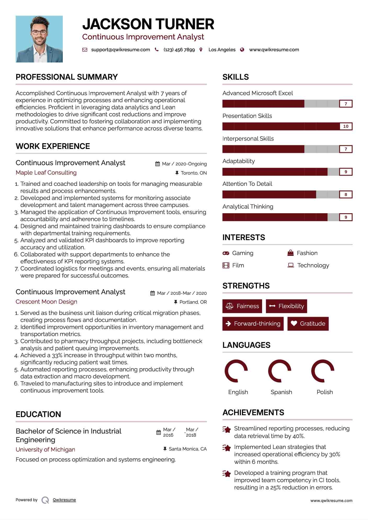 Continuous Improvement Analyst Resume Sample