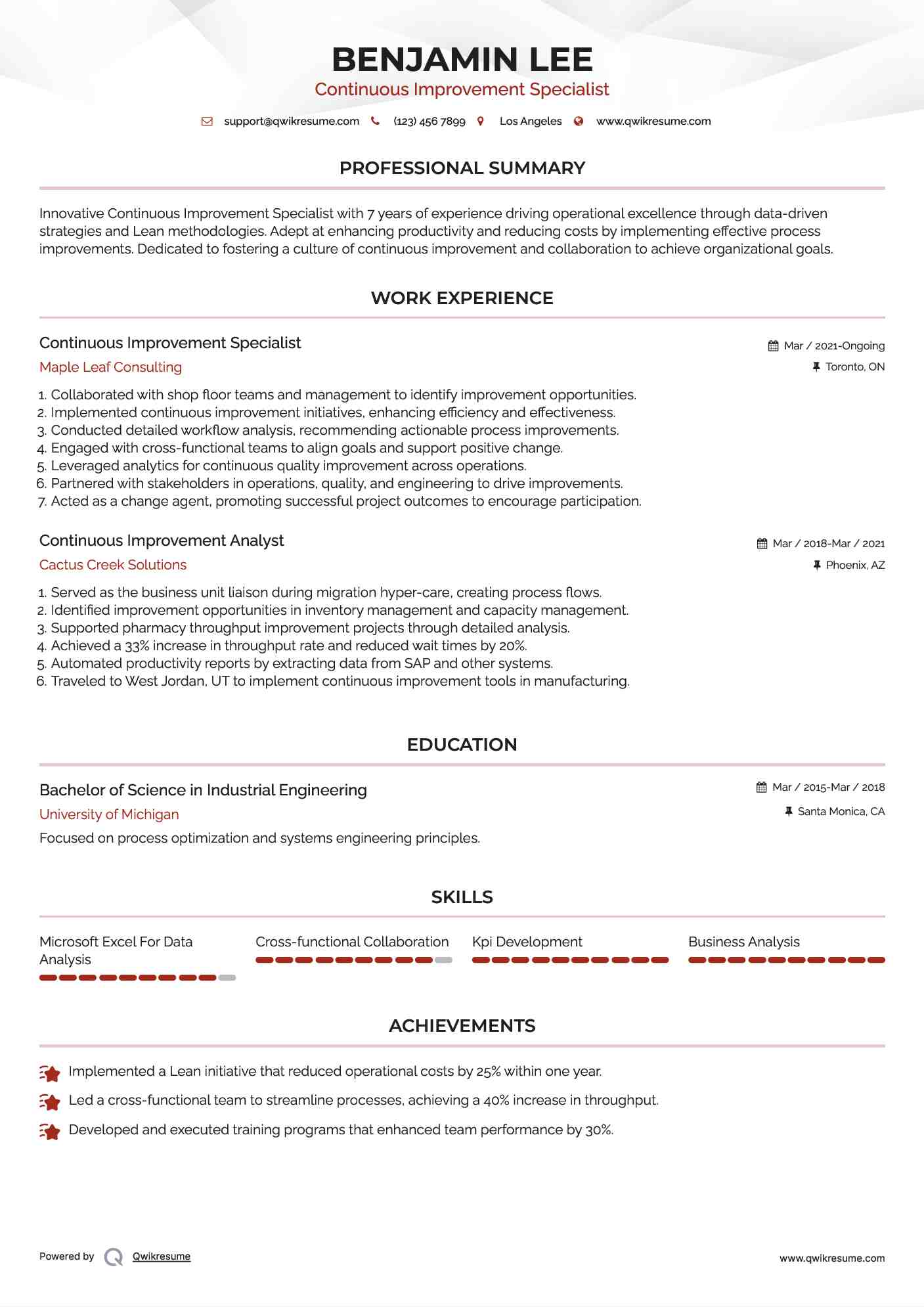 Continuous Improvement Specialist Resume Format