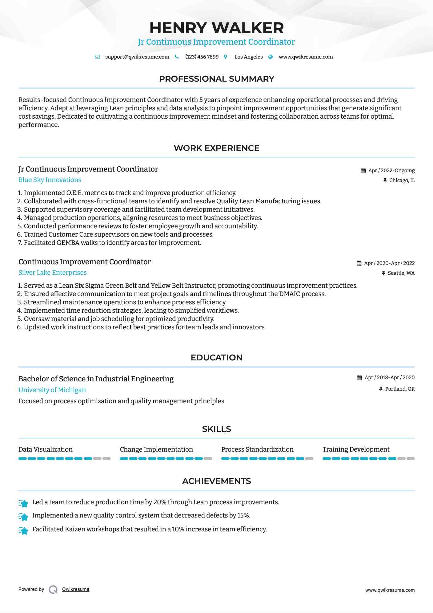 Jr Continuous Improvement Coordinator Resume Template