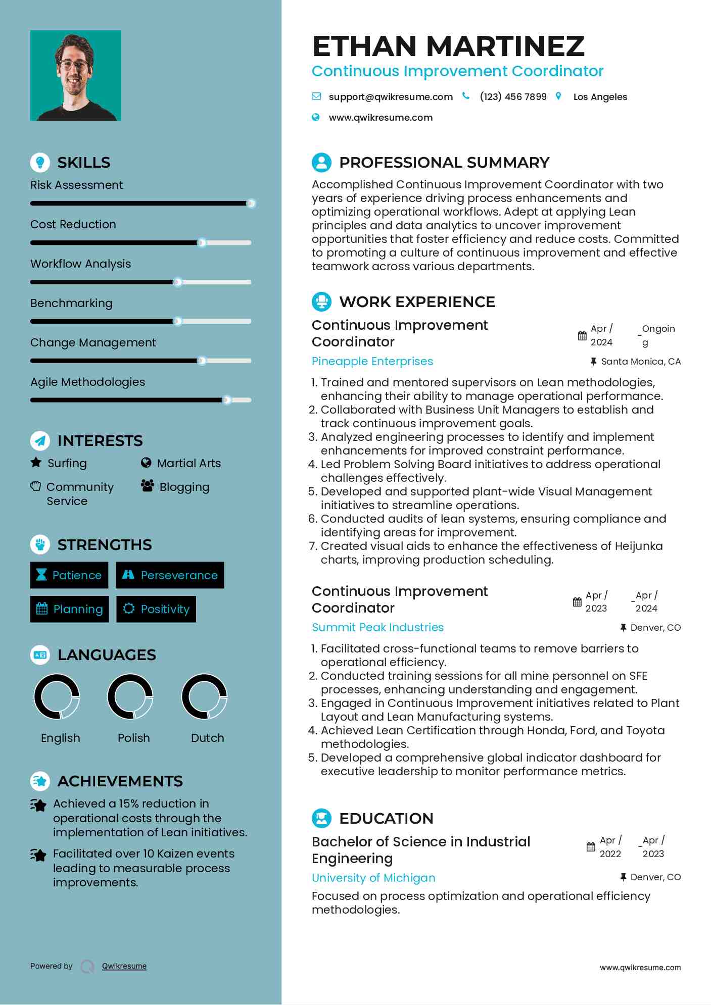 Continuous Improvement Coordinator Resume Sample