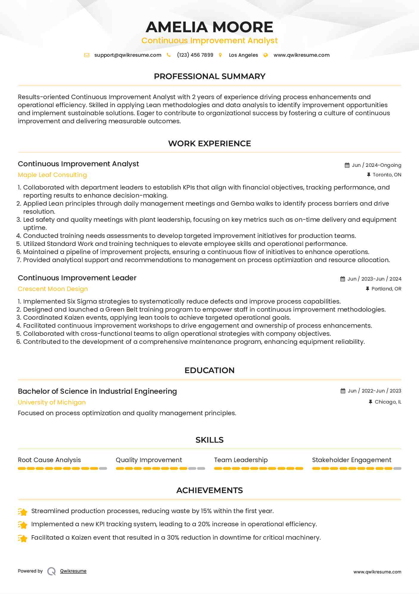Continuous Improvement Analyst Resume Sample
