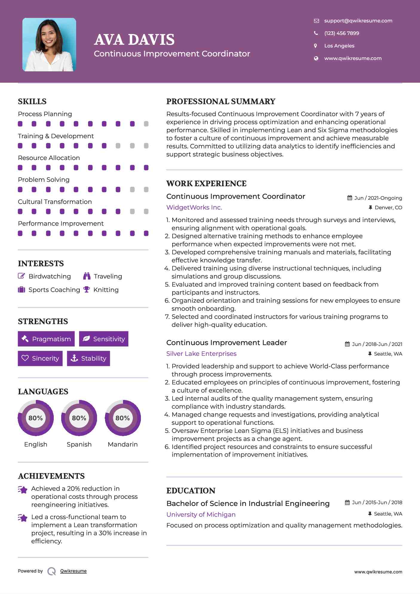 Continuous Improvement Coordinator Resume Template