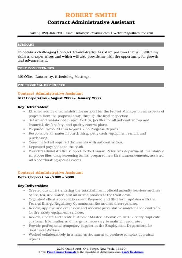 Contract Administrative Assistant Resume Samples QwikResume