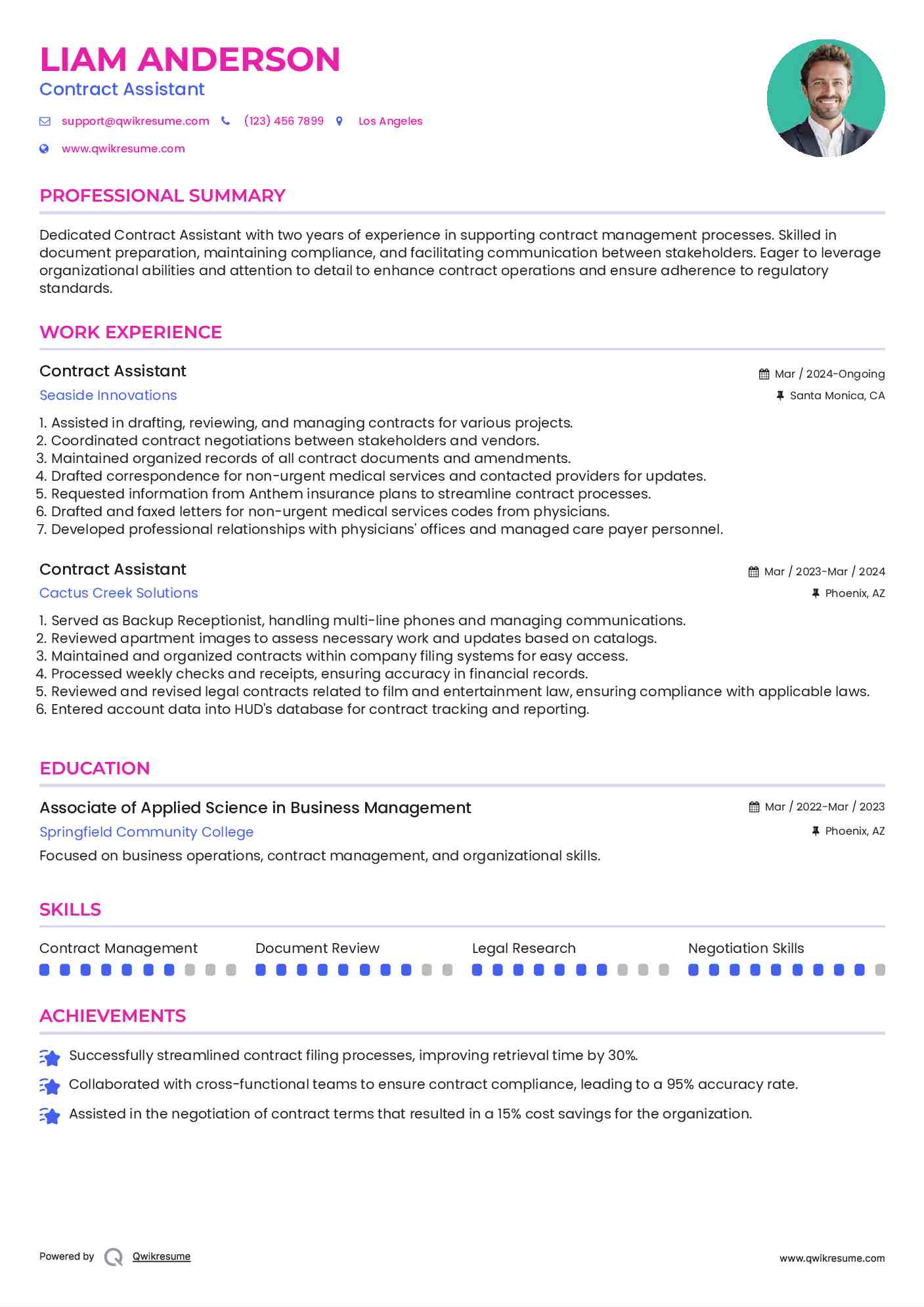 Contract Assistant Resume Model