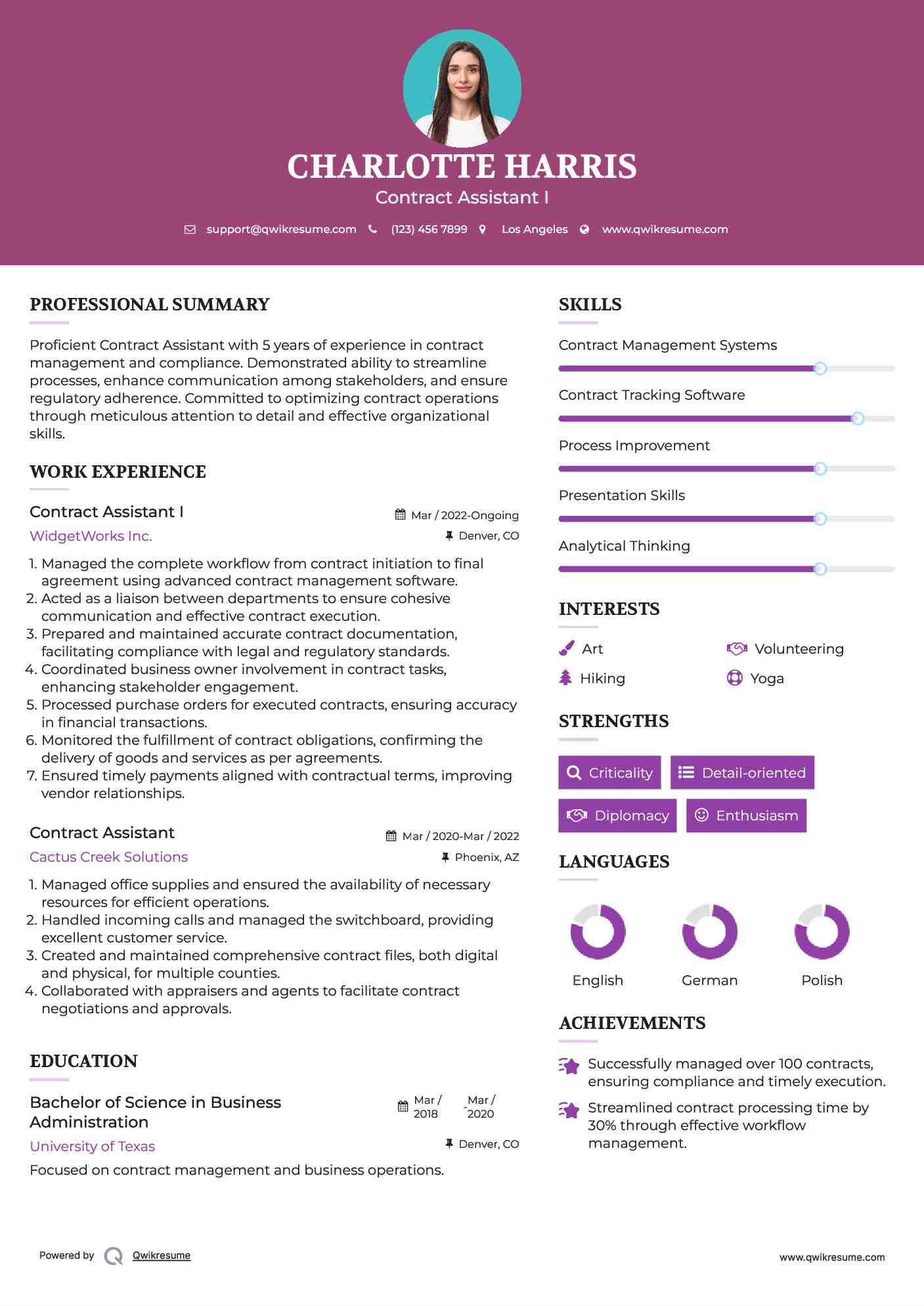 Contract Assistant I Resume Template