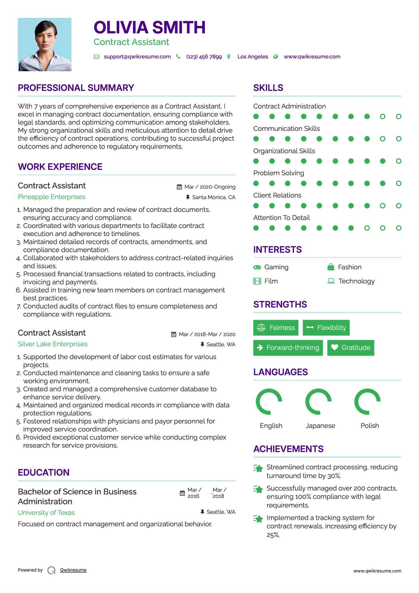 Contract Assistant Resume Sample