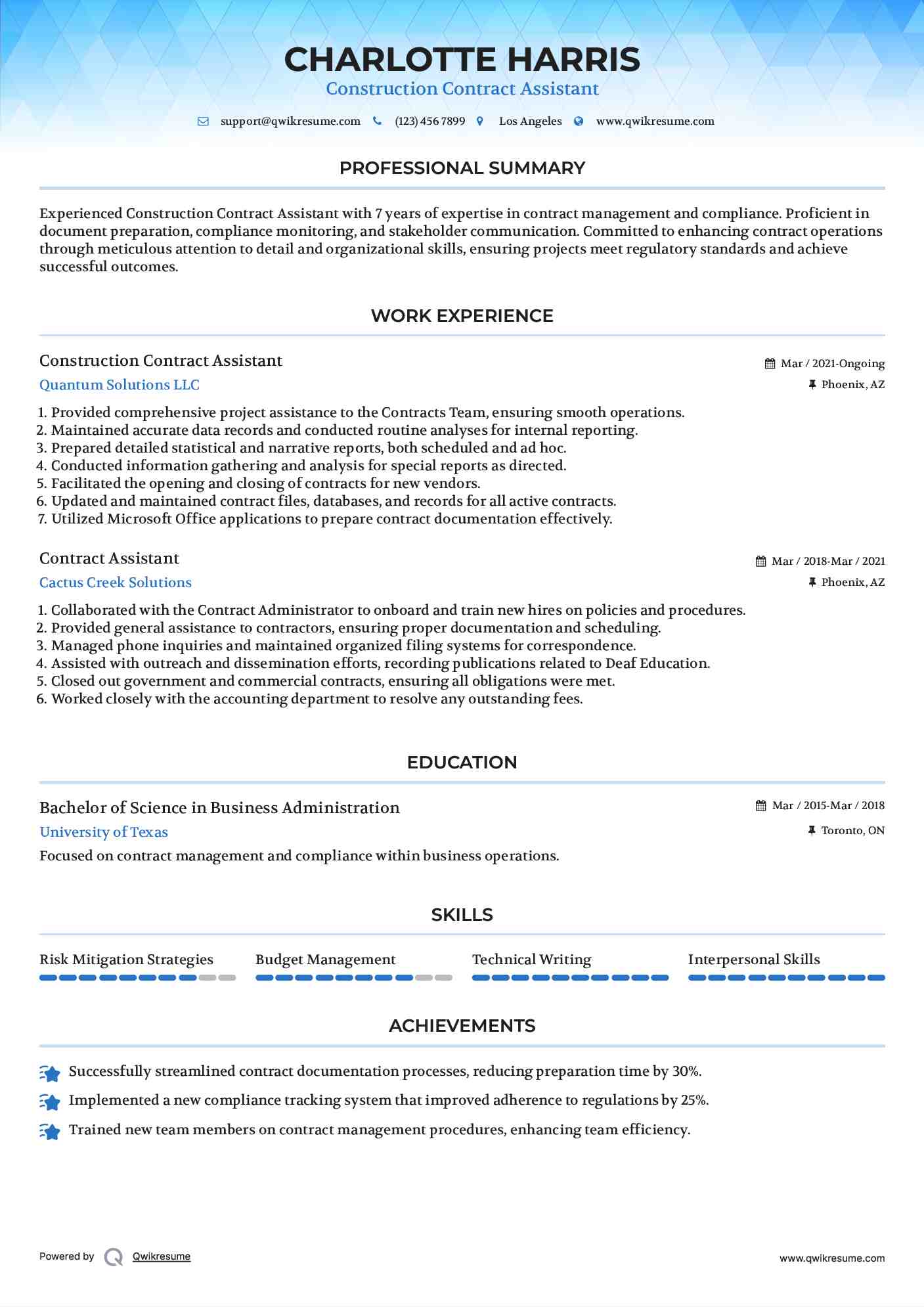 Construction Contract Assistant Resume Model