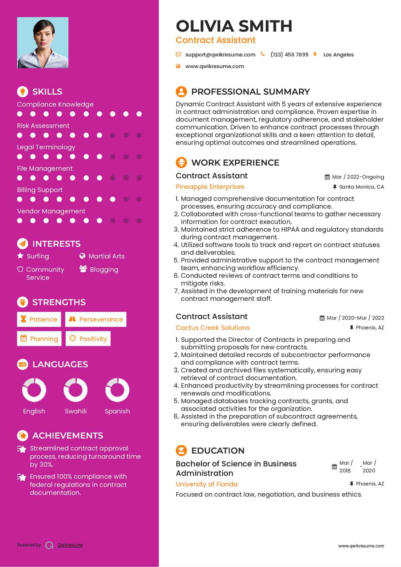 Contract Assistant Resume Model