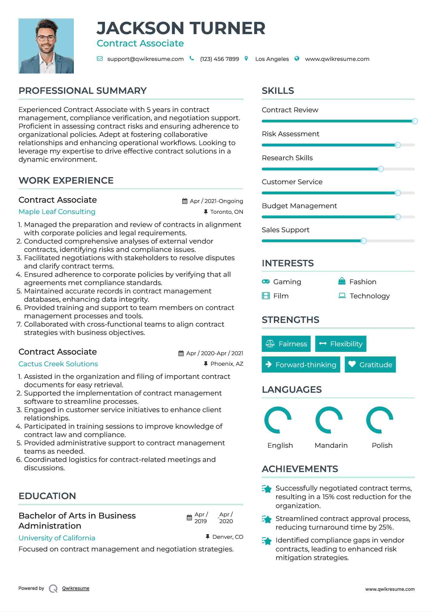 Contract Associate Resume Sample