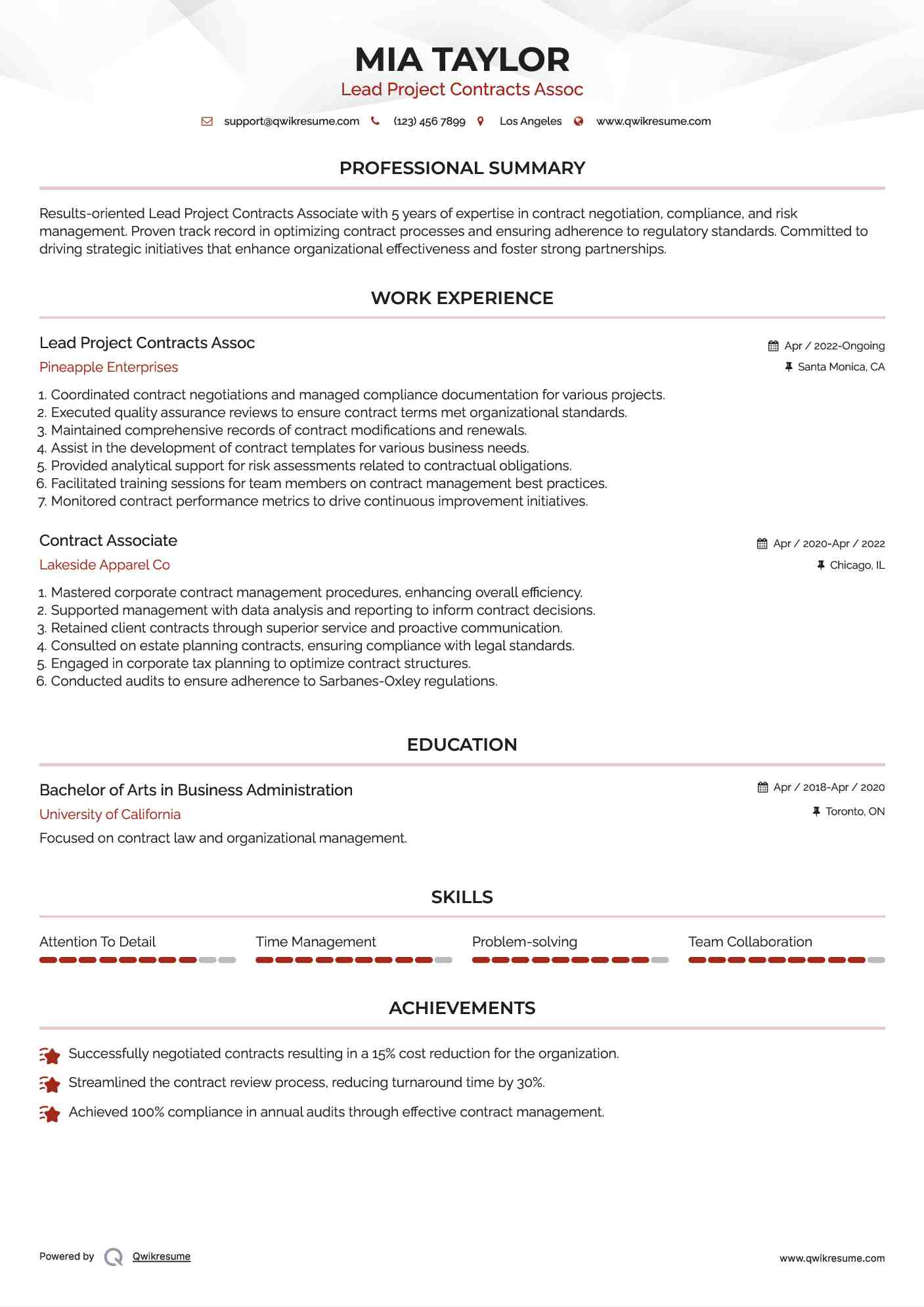 Lead Project Contracts Assoc
 Resume Template