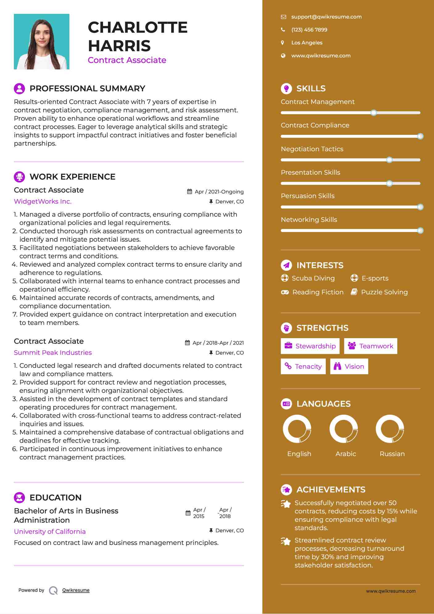 Contract Associate Resume Example