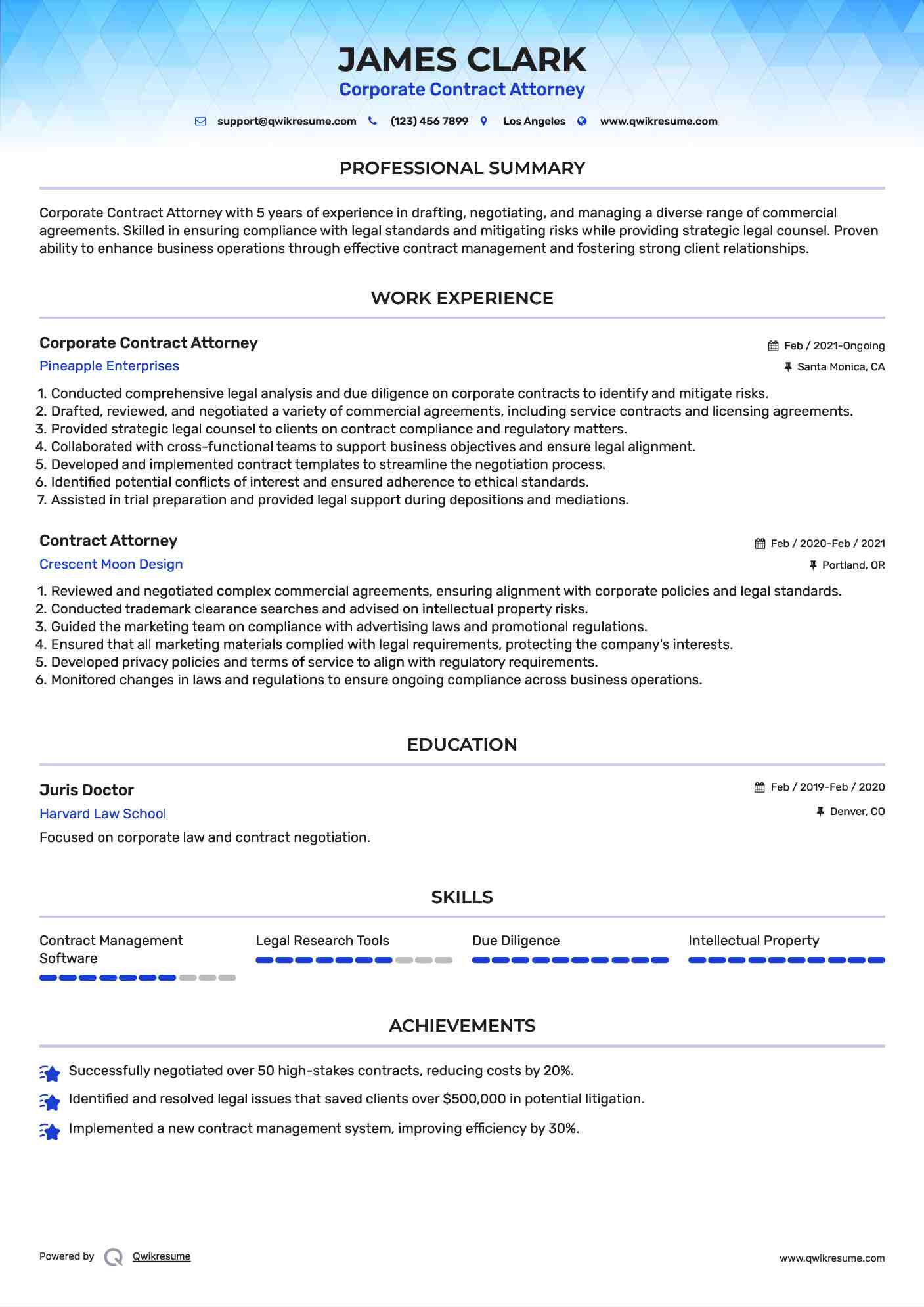 Corporate Contract Attorney Resume Example