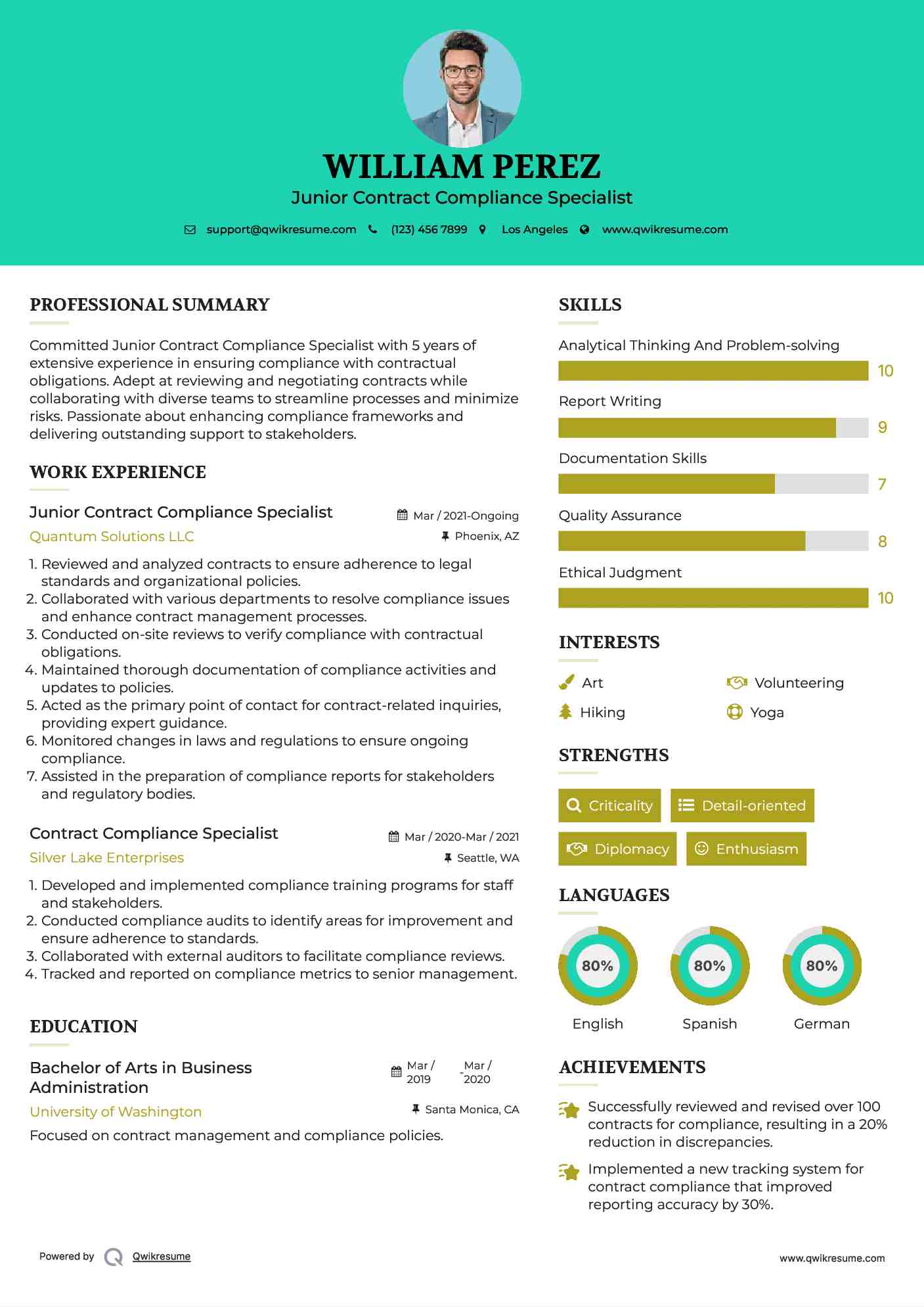 Junior Contract Compliance Specialist Resume Example