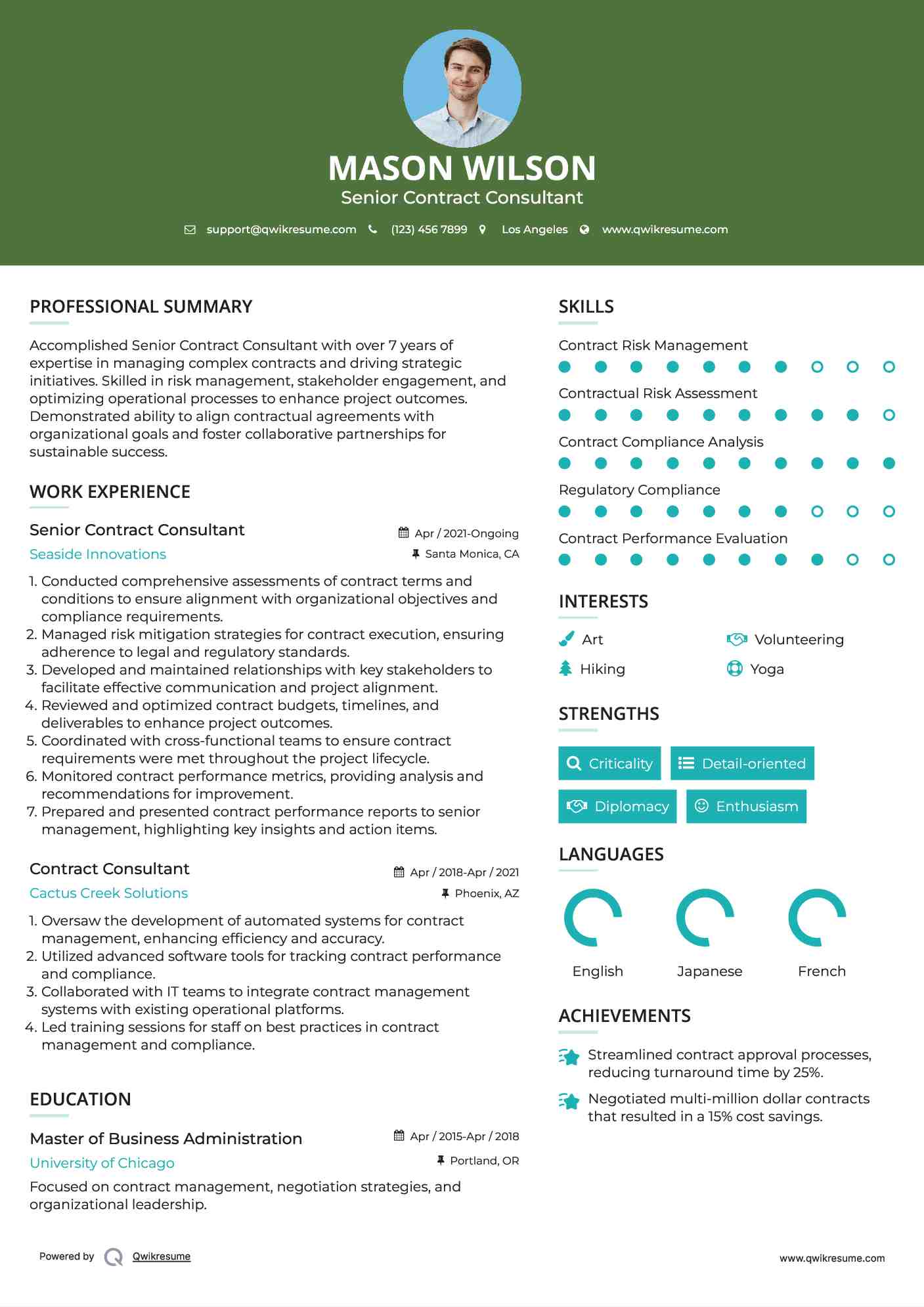 Senior Contract Consultant Resume Example