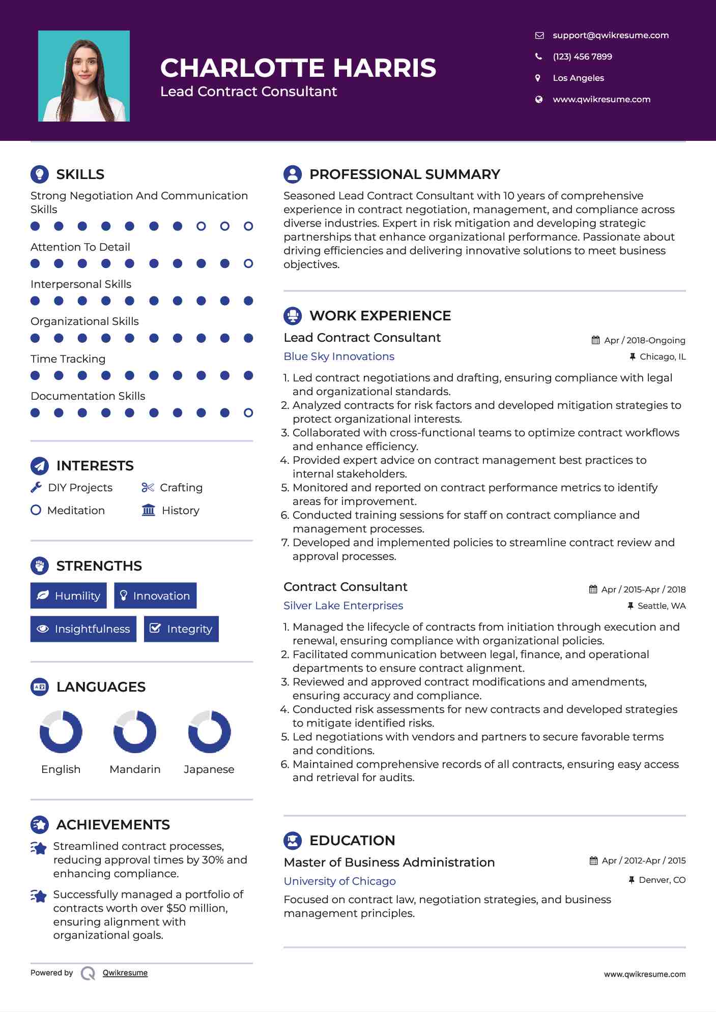 Lead Contract Consultant Resume Example