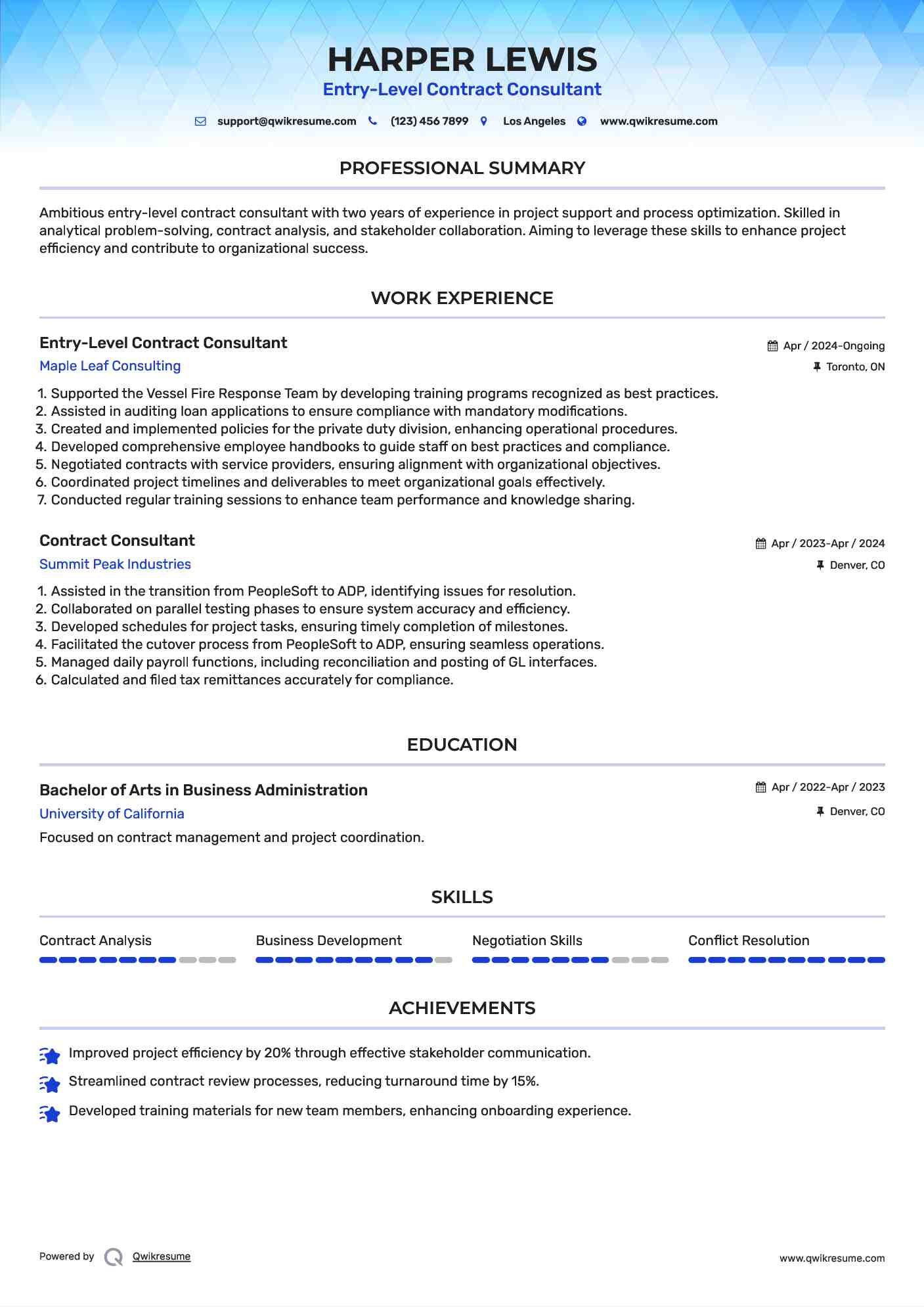 Entry-Level Contract Consultant Resume Example