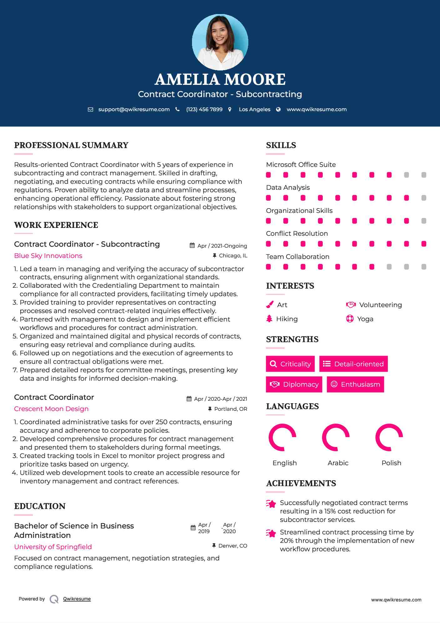 Contract Coordinator - Subcontracting Resume Sample