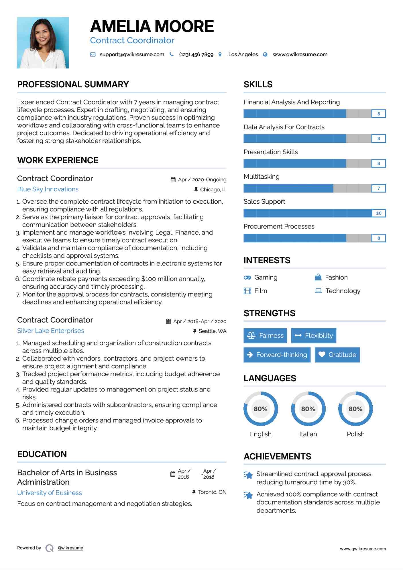 Contract Coordinator Resume Sample