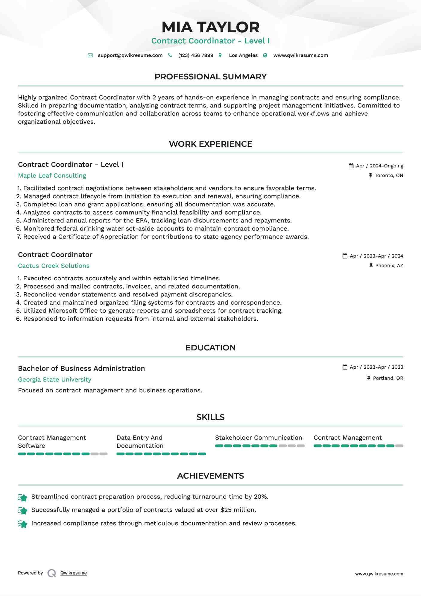 Contract Coordinator - Level I Resume Sample