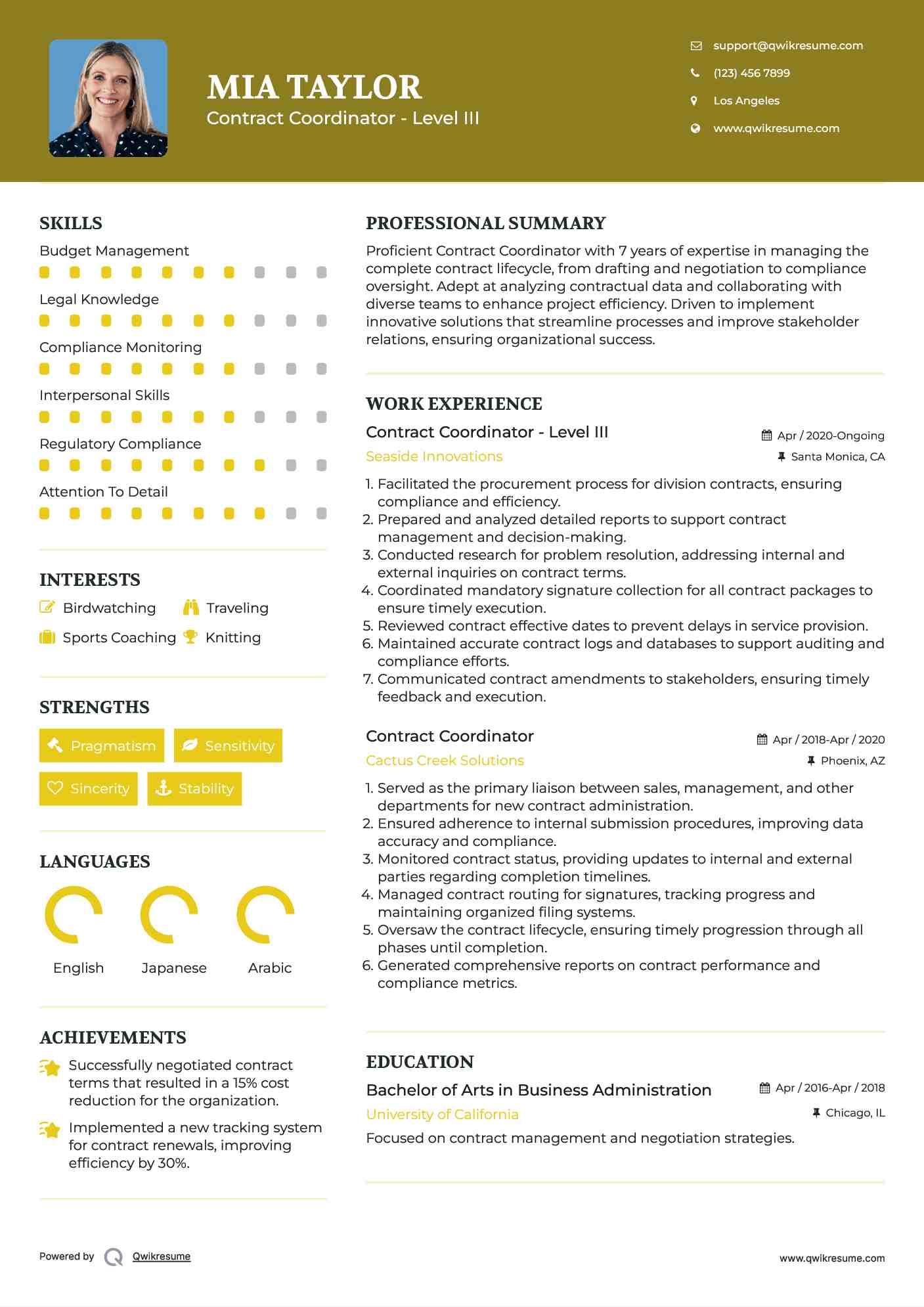 Contract Coordinator - Level III Resume Template
