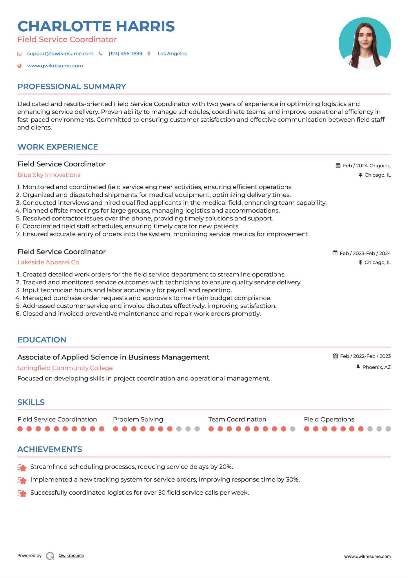 Field Service Coordinator Resume Model