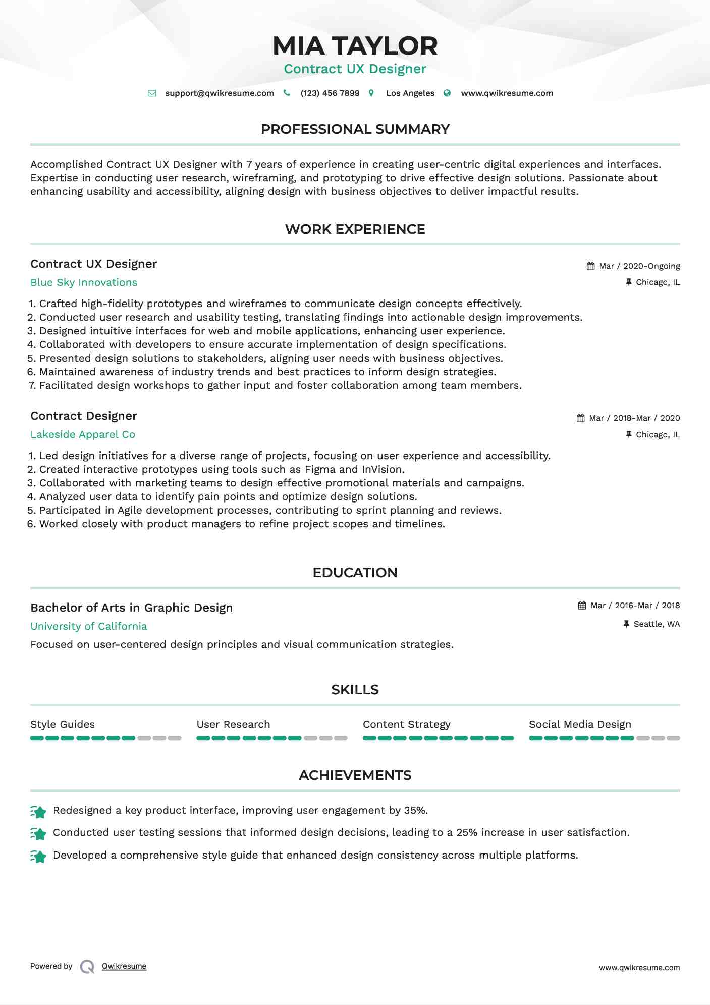 Contract UX Designer Resume Sample