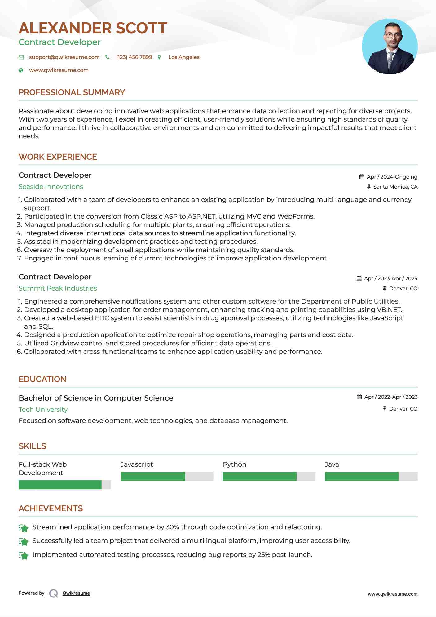 Contract Developer Resume Sample