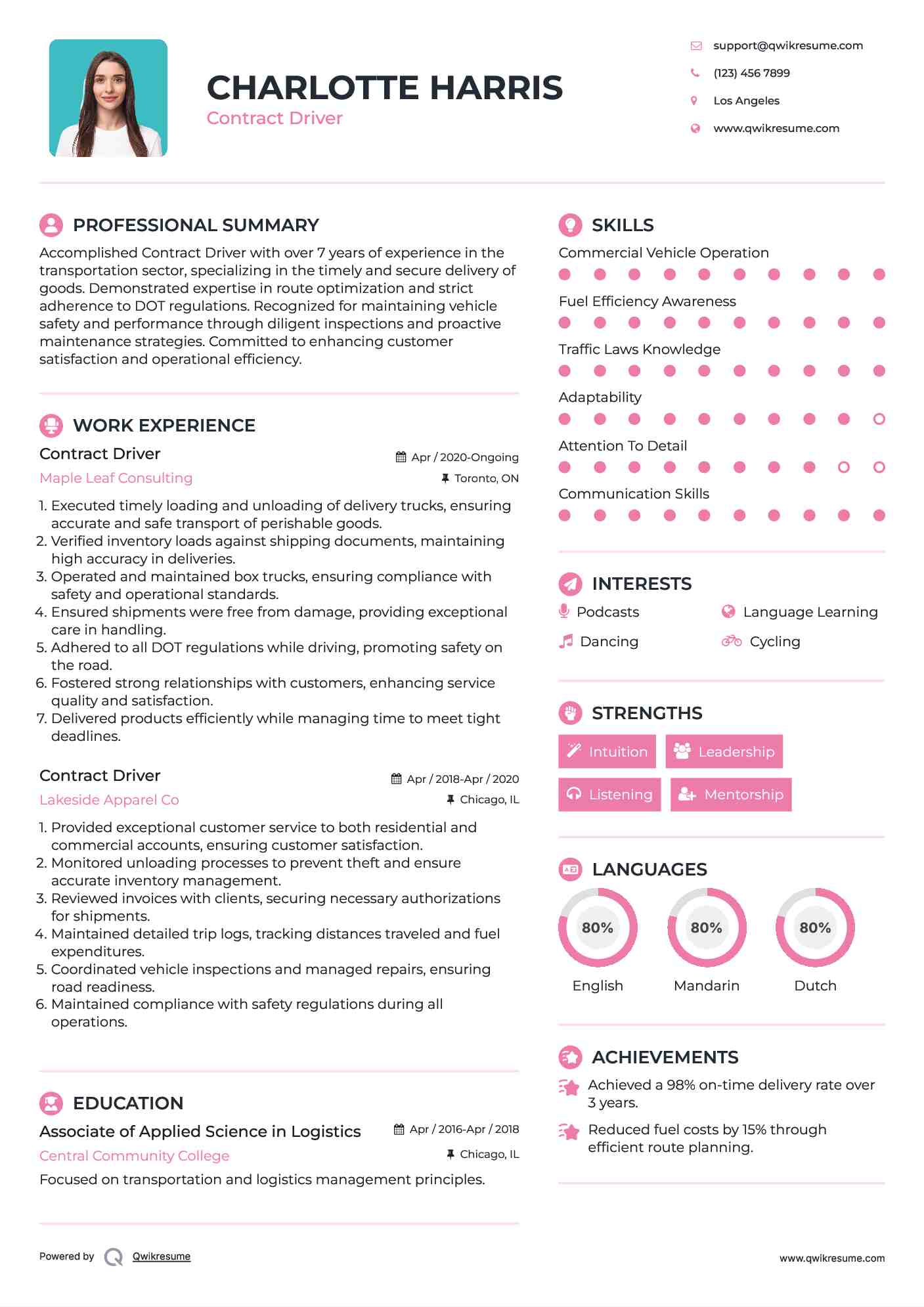 Contract Driver Resume Sample