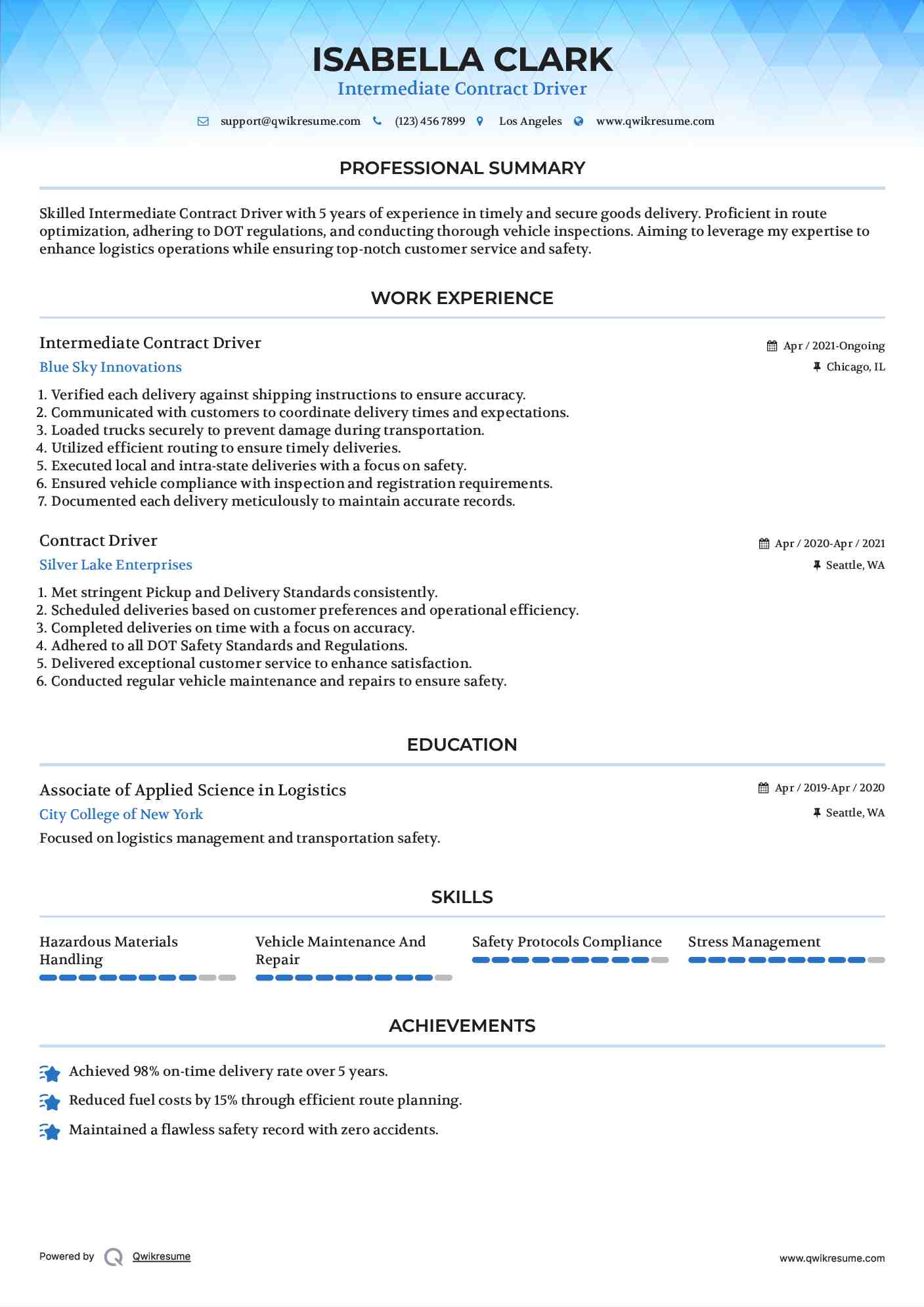 Intermediate Contract Driver Resume Format
