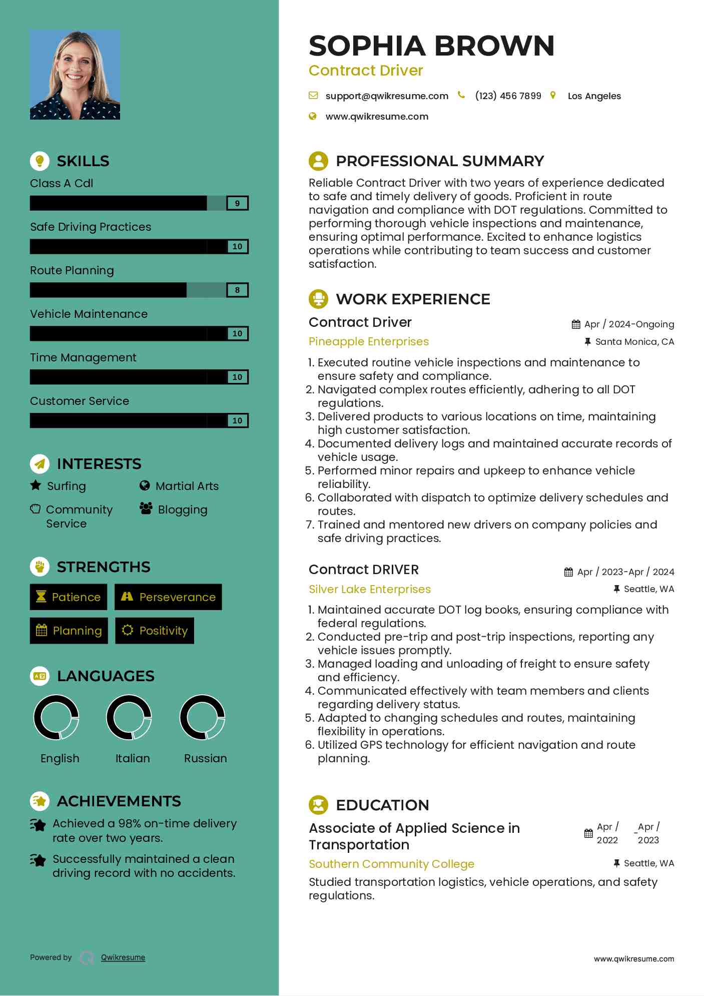 Contract Driver Resume Sample