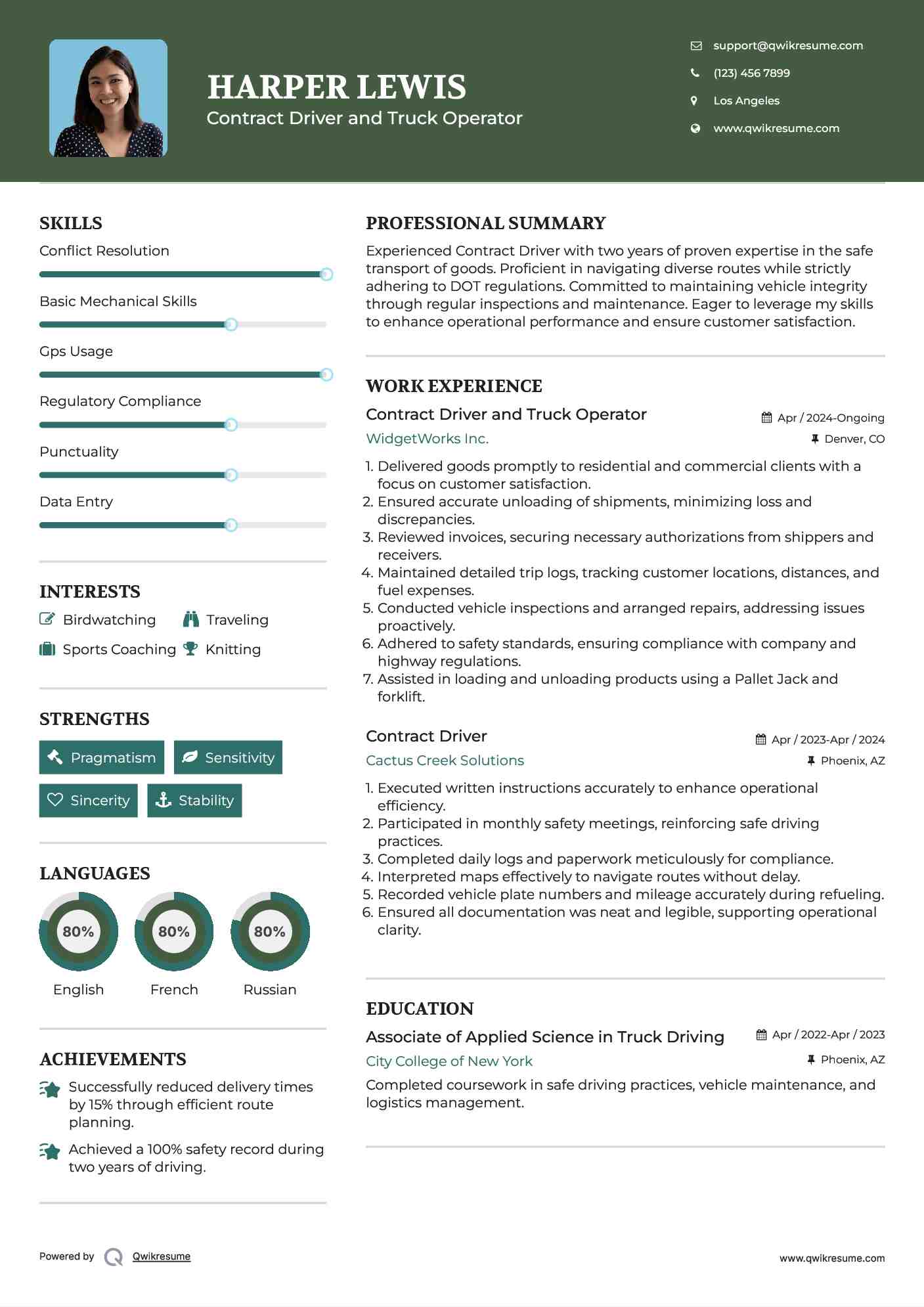 Contract Driver and Truck Operator Resume Model