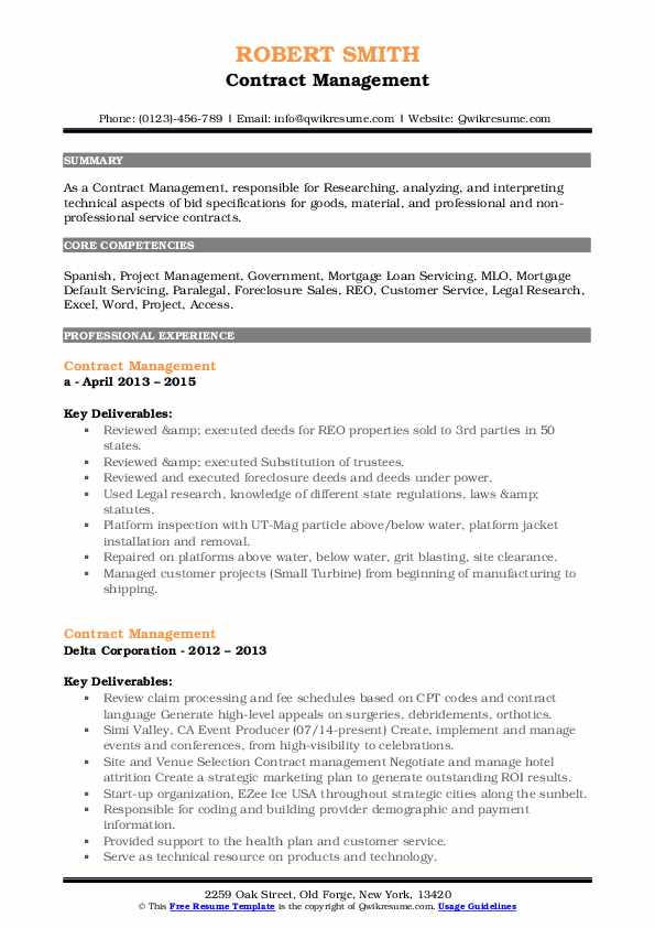 Contract Management Resume Samples QwikResume