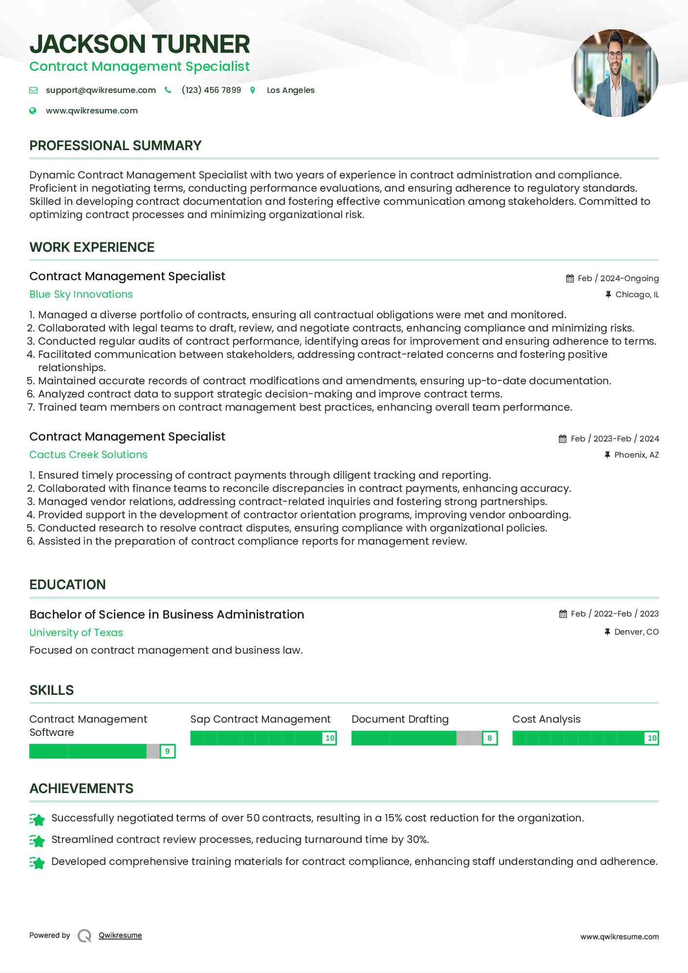 Contract Management Specialist Resume Example
