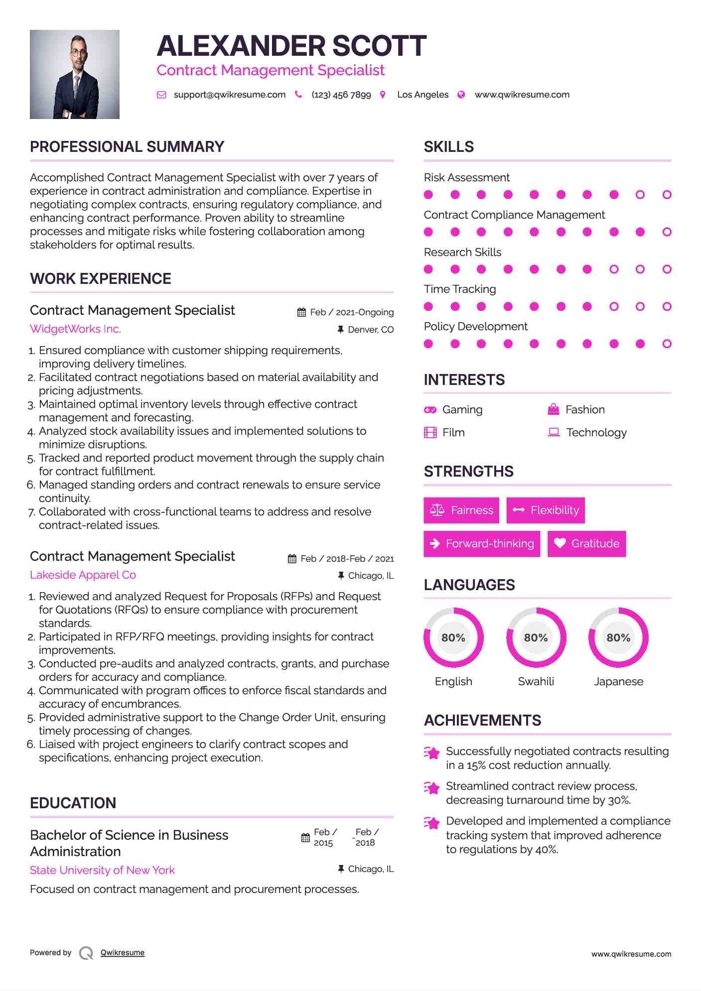 Contract Management Specialist Resume Format