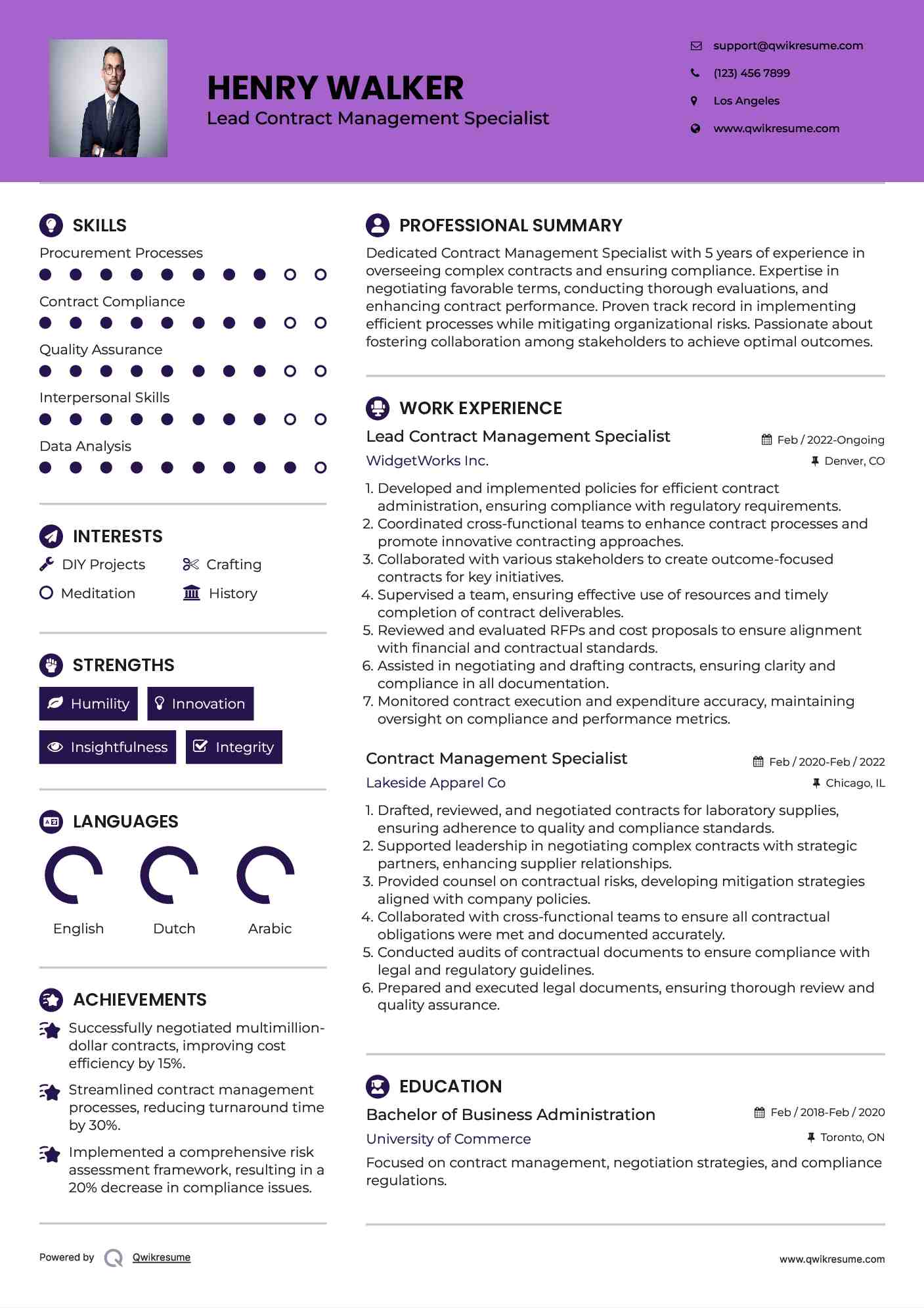 Lead Contract Management Specialist Resume Format