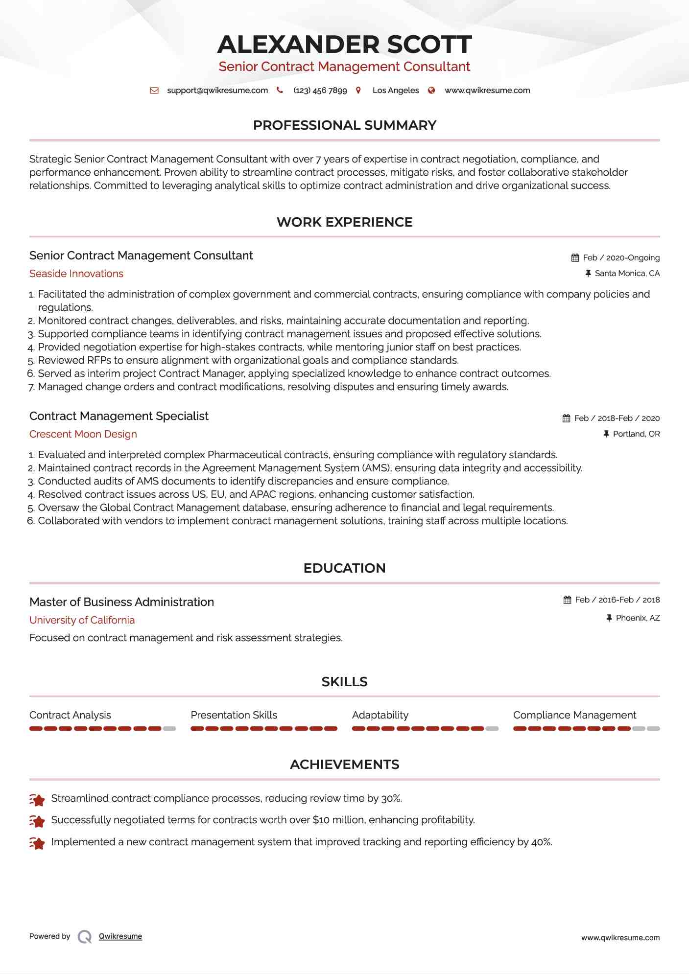 Senior Contract Management Consultant Resume Template