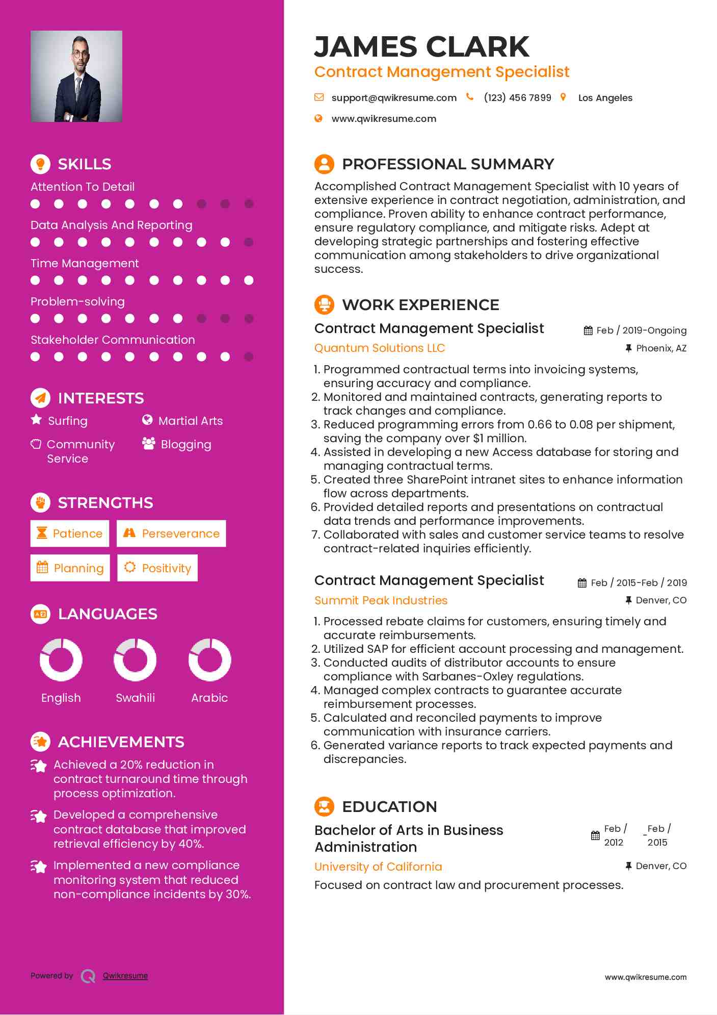 Contract Management Specialist Resume Example