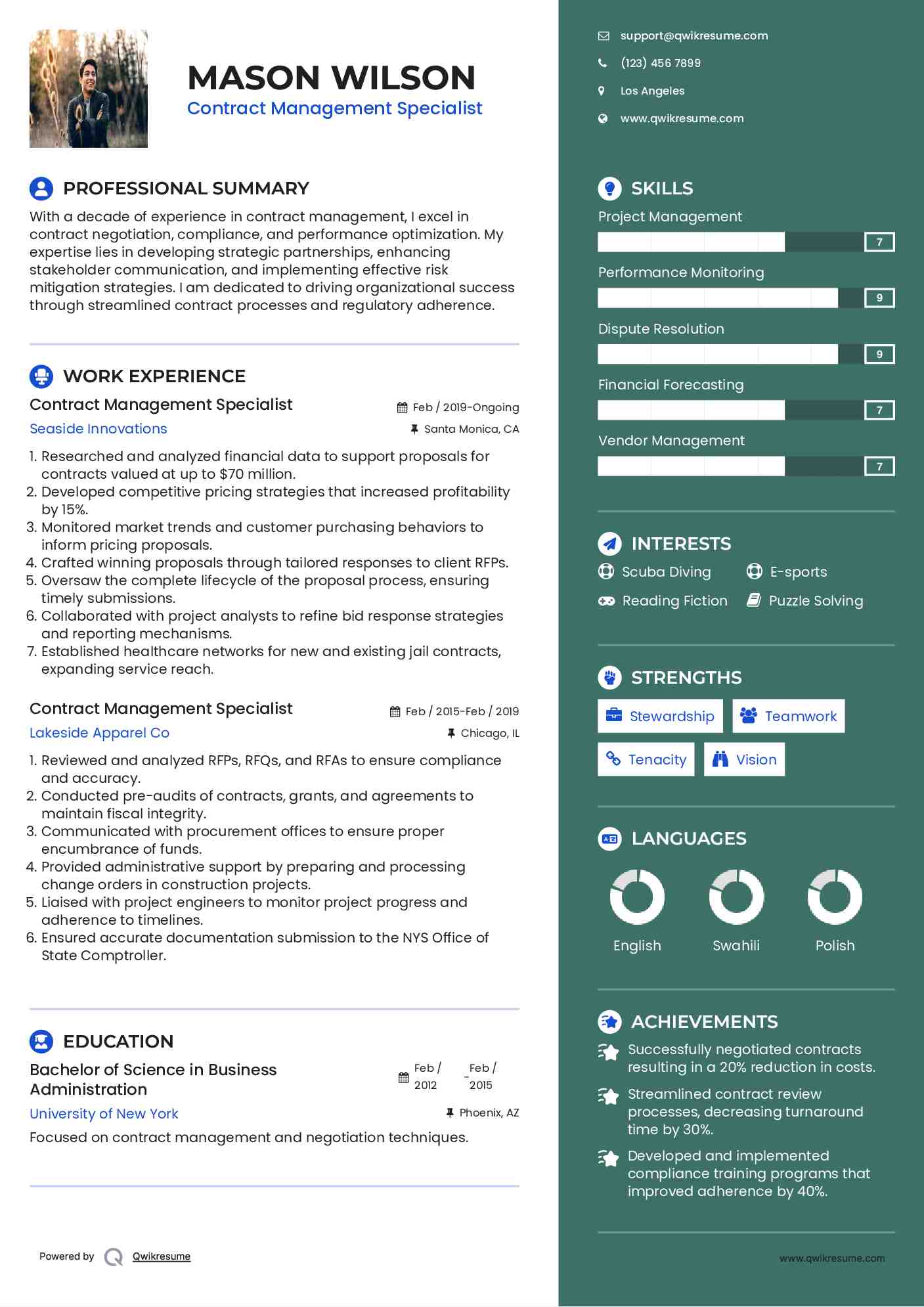 Contract Management Specialist Resume Format