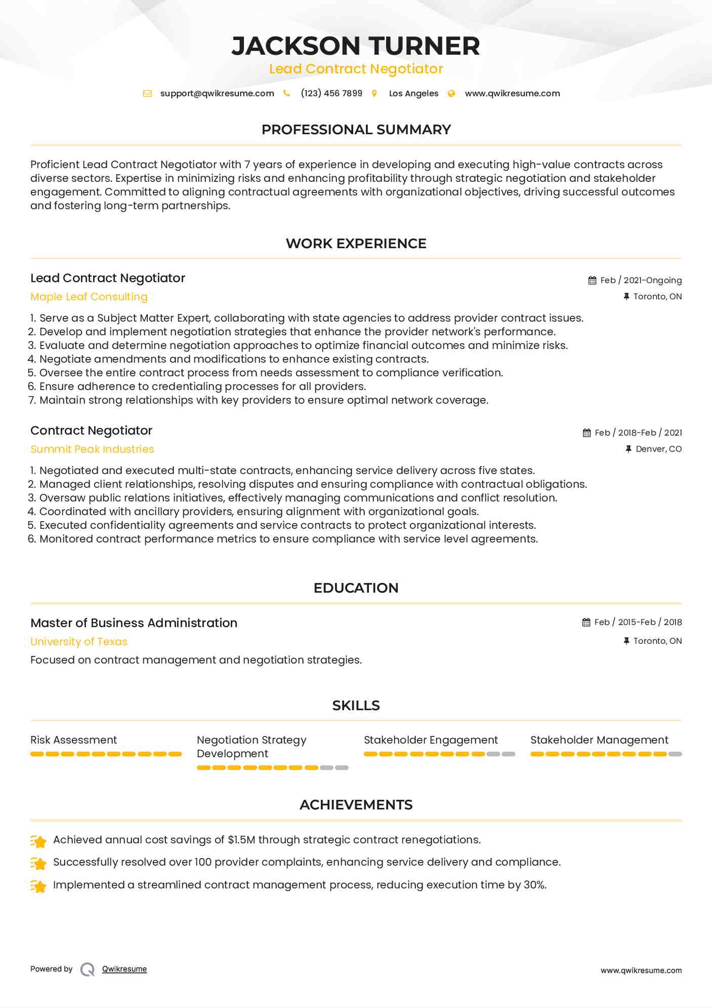 Lead Contract Negotiator Resume Example