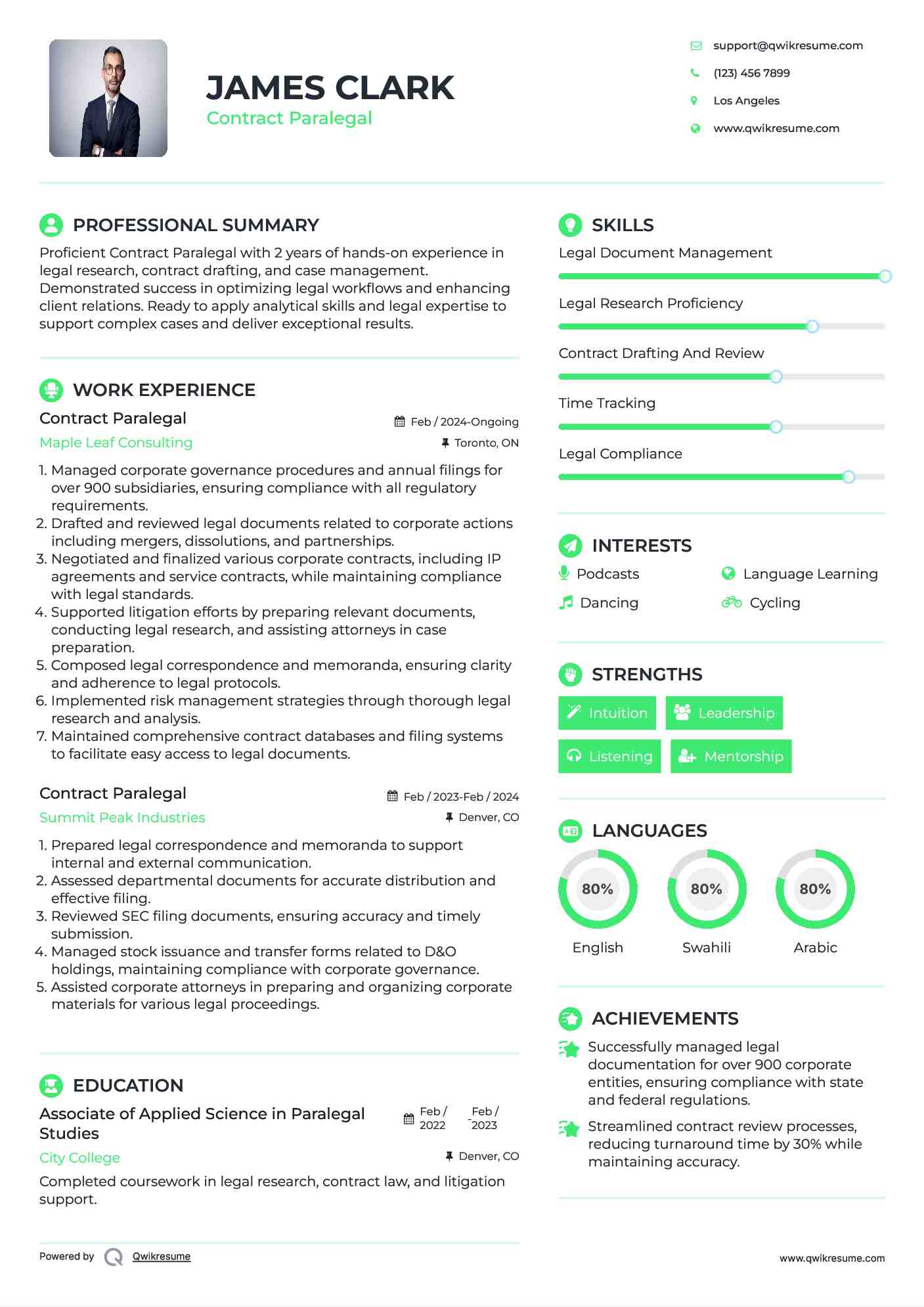 Contract Paralegal Resume Sample