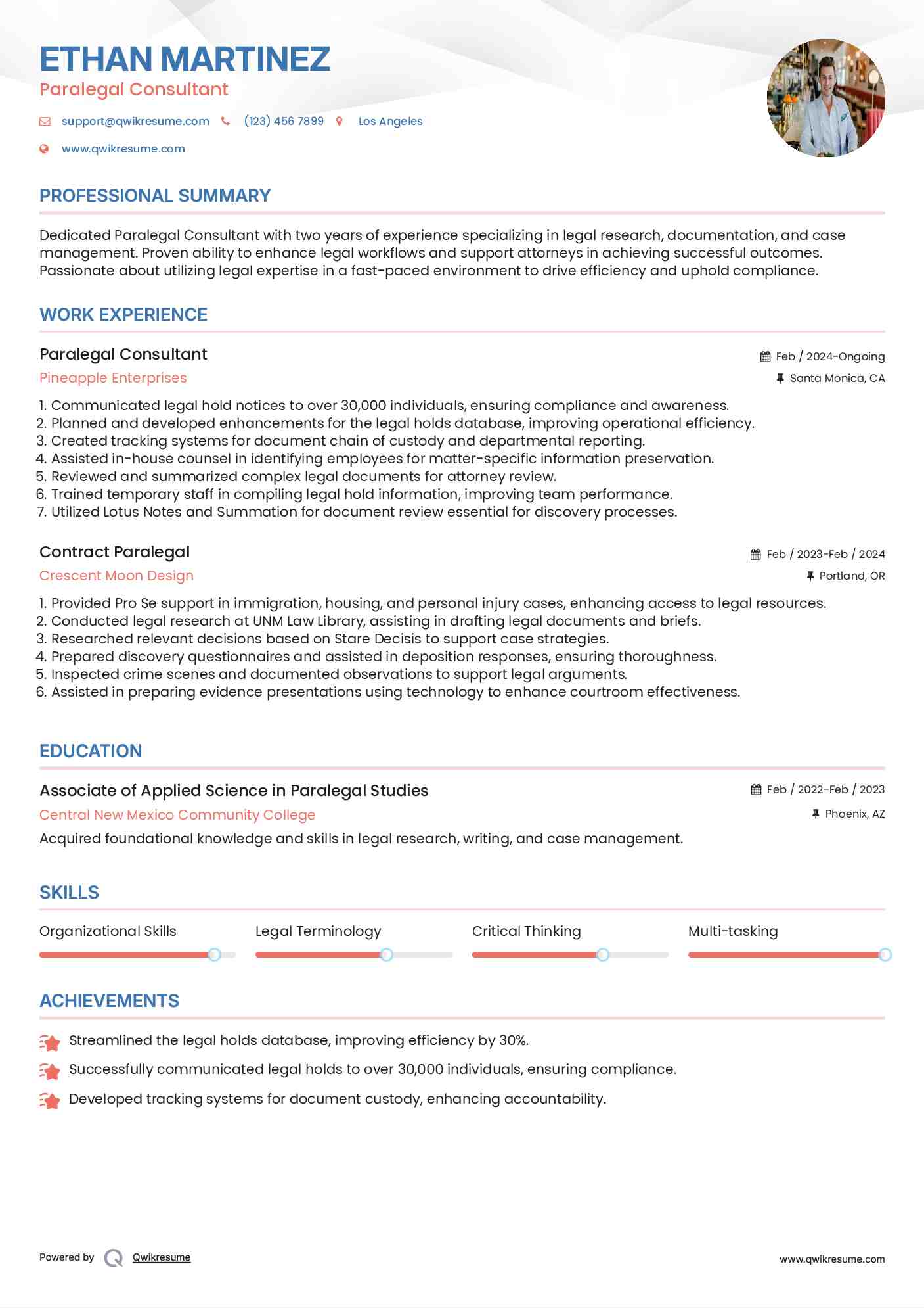 Paralegal Consultant Resume Example