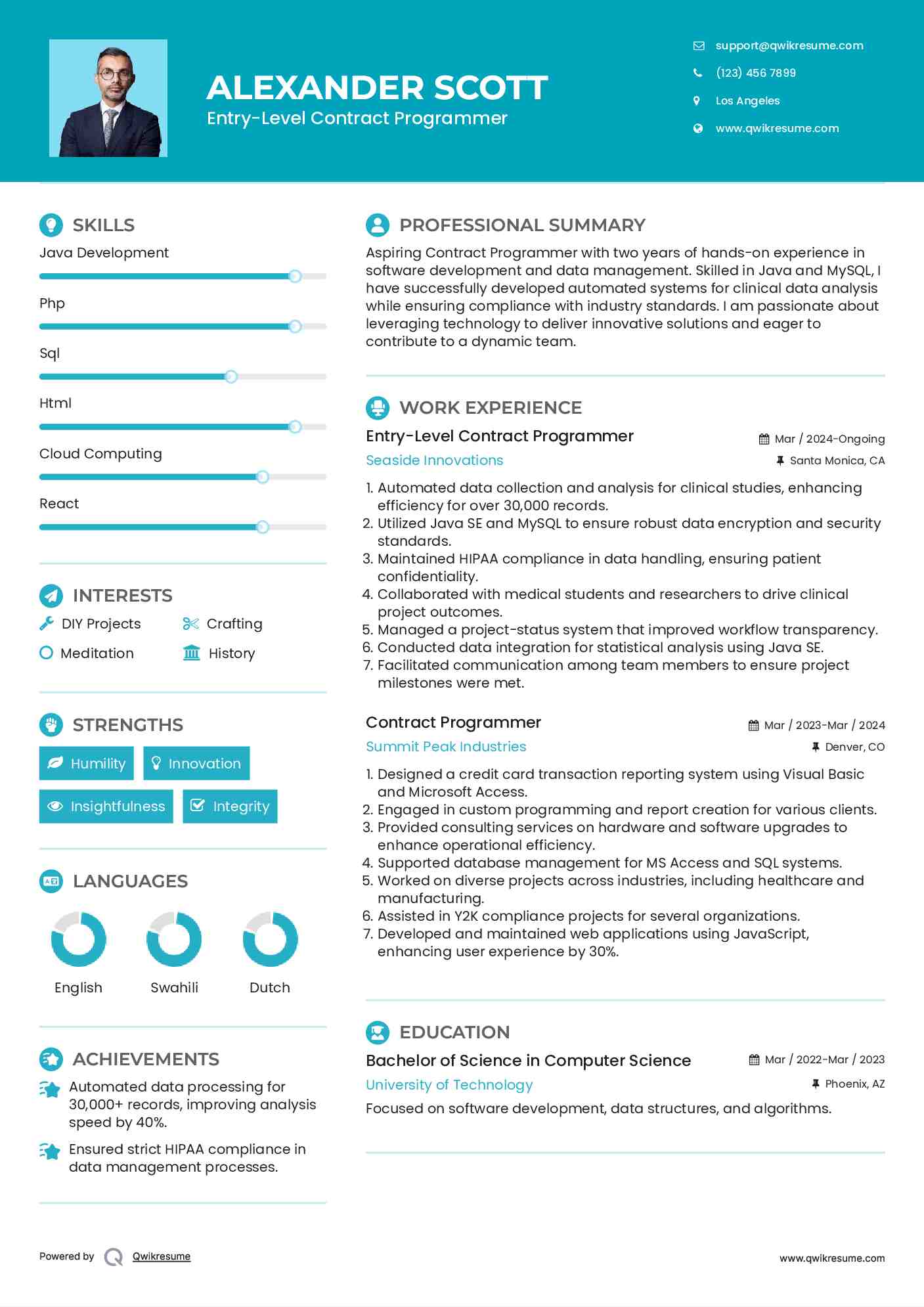 Entry-Level Contract Programmer Resume Example