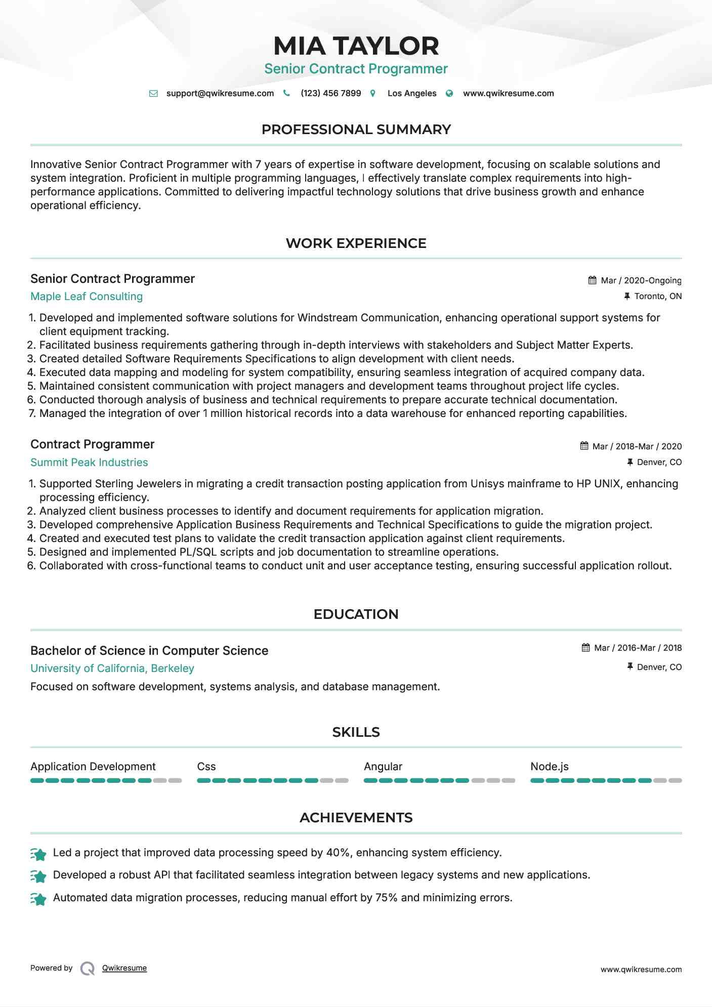 Senior Contract Programmer Resume Format